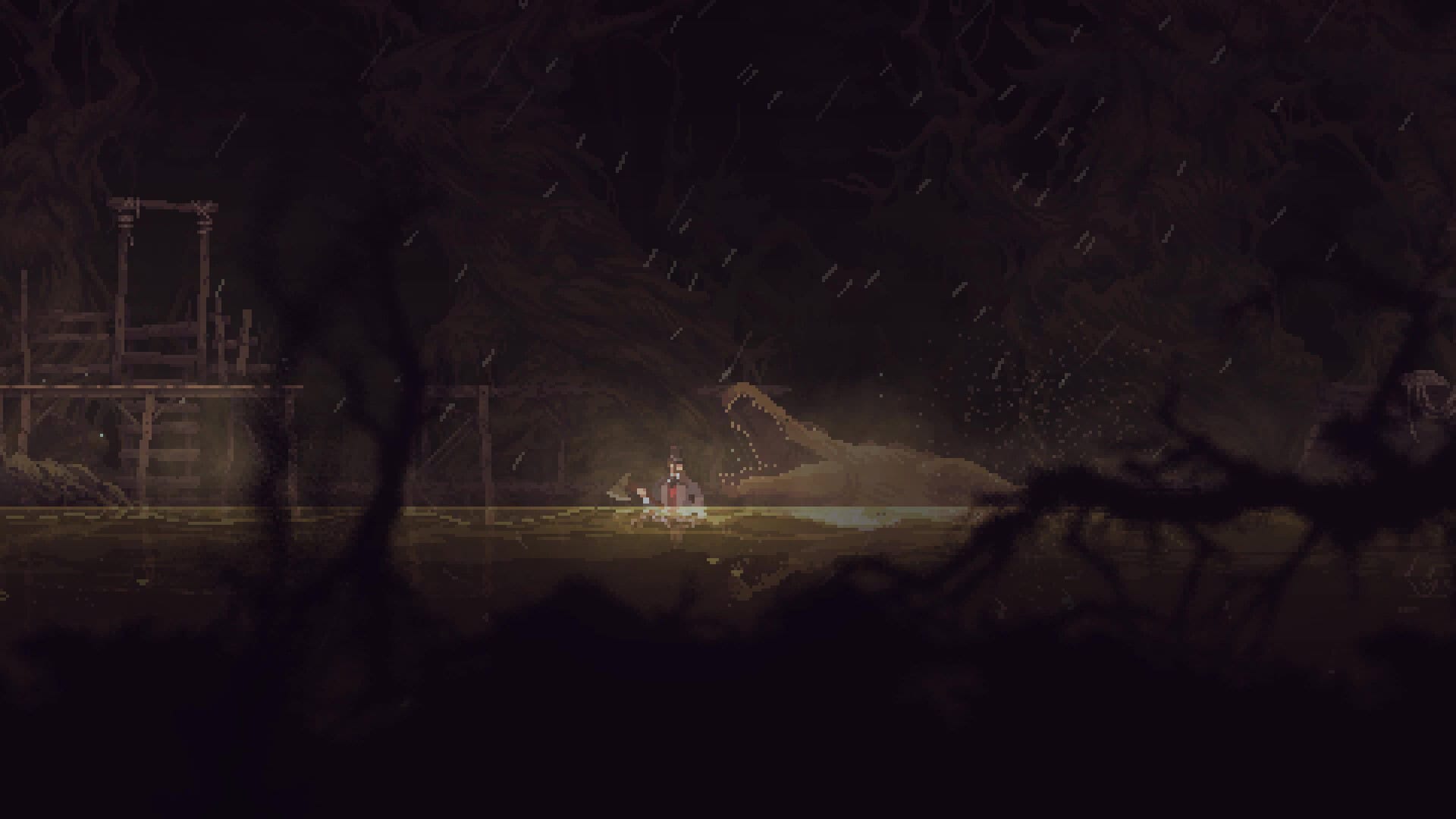 A screenshot of the main character about to be eaten by a giant crocodile in Shadow Sacrement. 