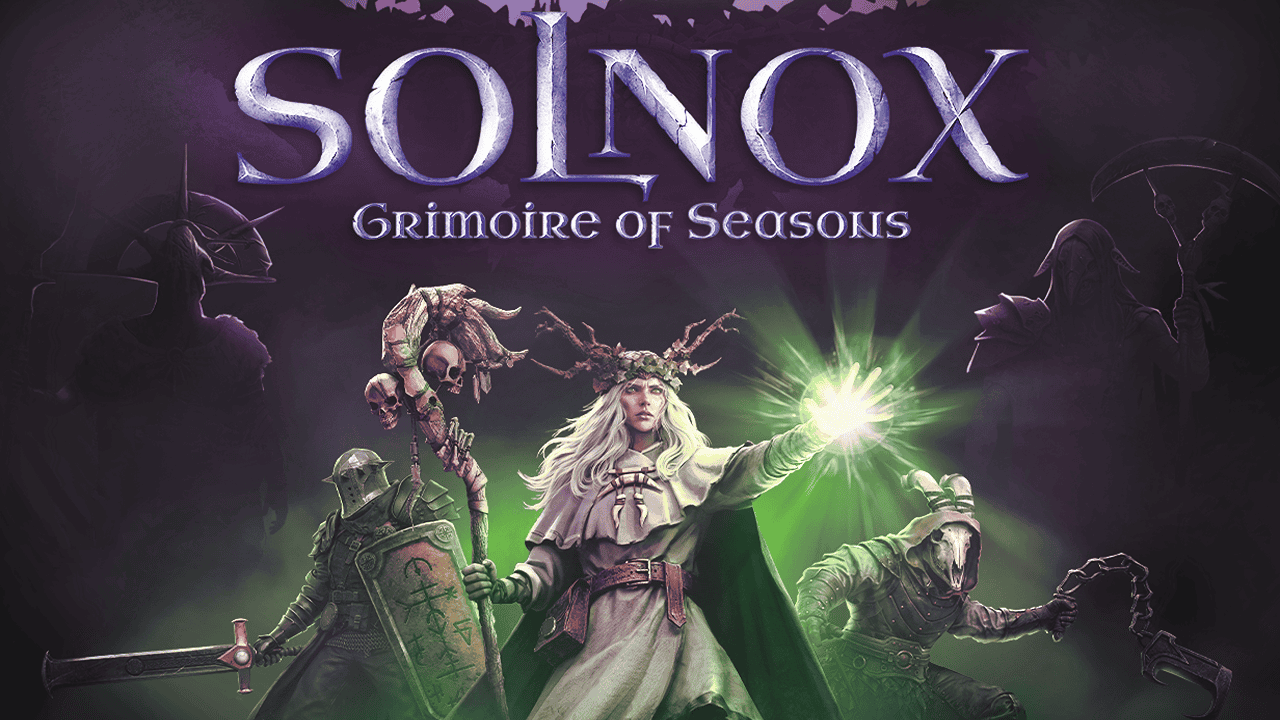 Solnox Grimoire of Seasons Key Art showing a witch with a skull-adorned staff, a warrior in heavy armor, and a rogue with a skull mask.