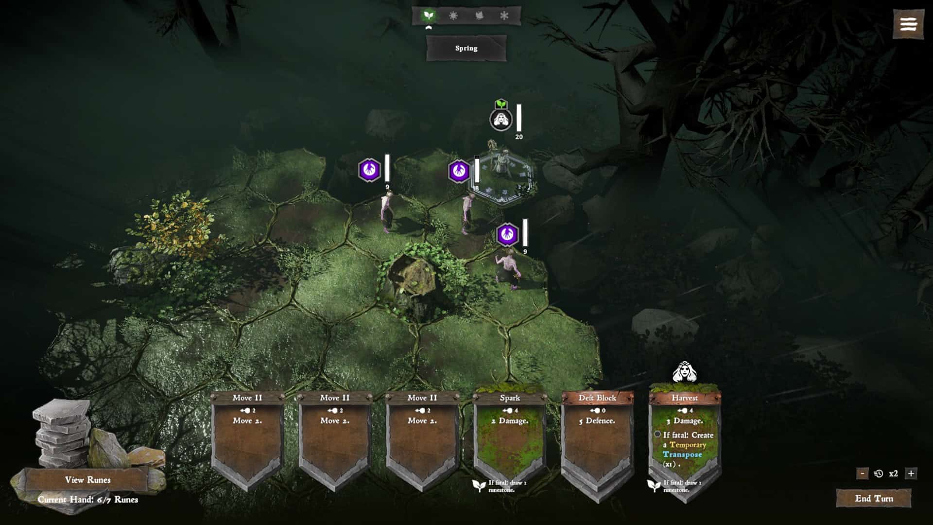 Isometric screenshot of Solnox Grimoire of Seasons. The character is surrounded by enemies, the map is green with spring aesthetics.
