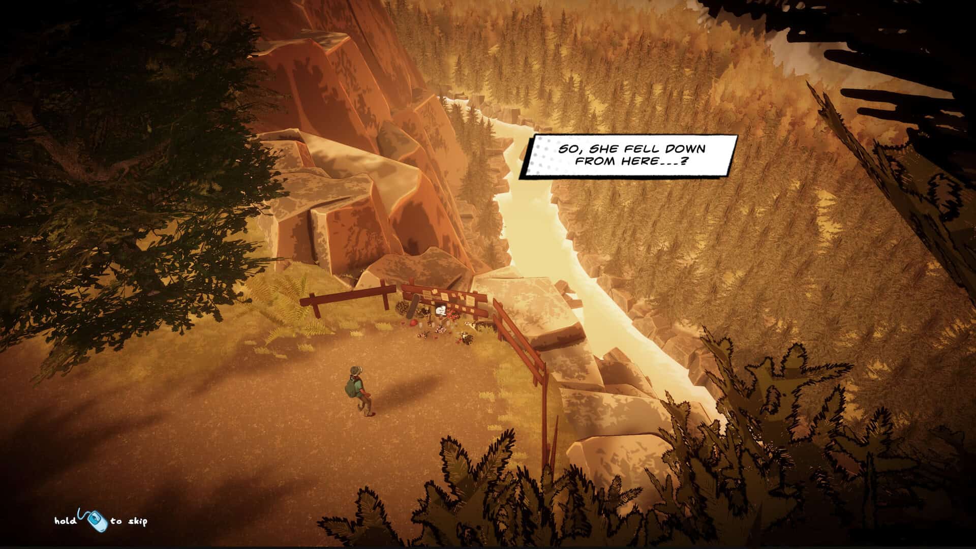 A screenshot of the main character looking over a ravine in The Dropouts.