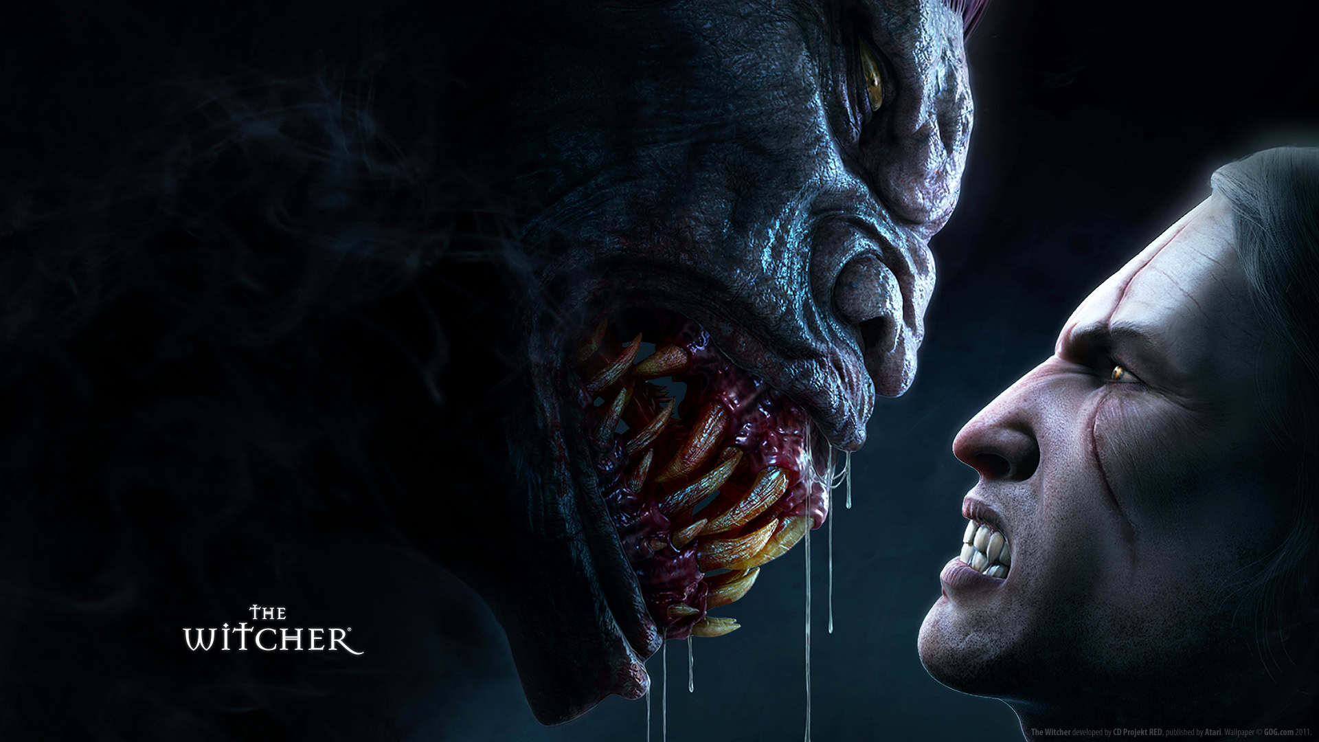 Geralt staring into the eyes of a Striga, both bearing their sharp teeth in Witcher 1
