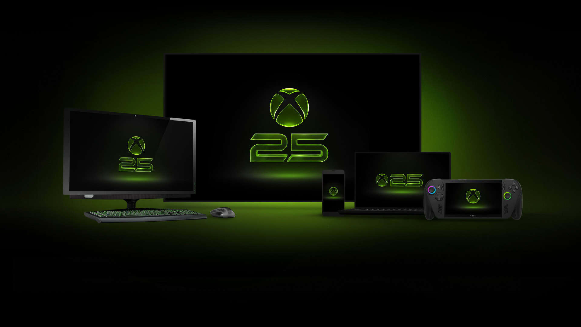 Xbox's 25th anniversary logo on different machines