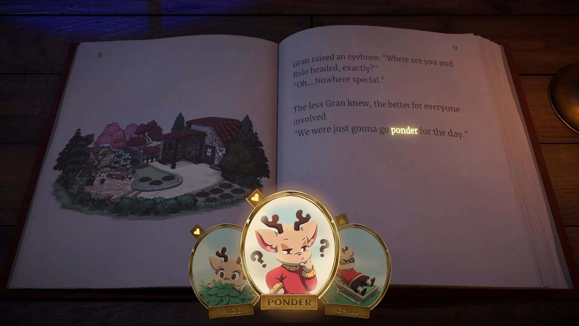An open storybook shows the back garden of a small cottage on the left page and text on the right. The text reads: Gran raised an eyebrow. "Where are you and Rolo headed exactly?" "Oh, nowhere special." The less Gran knew the better for everyone involved. We were just going to ponder for the day. The word ponder is highlighted. In the foreground in front of the book, three ovals labelled with words showing small illustrations are the options for what could replace ponder. The oval with ponder is in front, with an illustration of Luka thinking deeply with his hand on his chin.