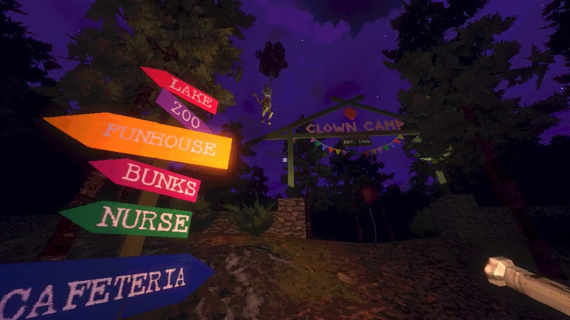 The festive-looking entrance to Clown Camp at night, decorated with banners and flags. In the foreground, next to the viewer, is a signpost pointing to various camp locations: Bunks, Nurse, Funhouse, Zoo. In the background, a clown is floating away into the night sky with a huge bunch of balloons in his hand.