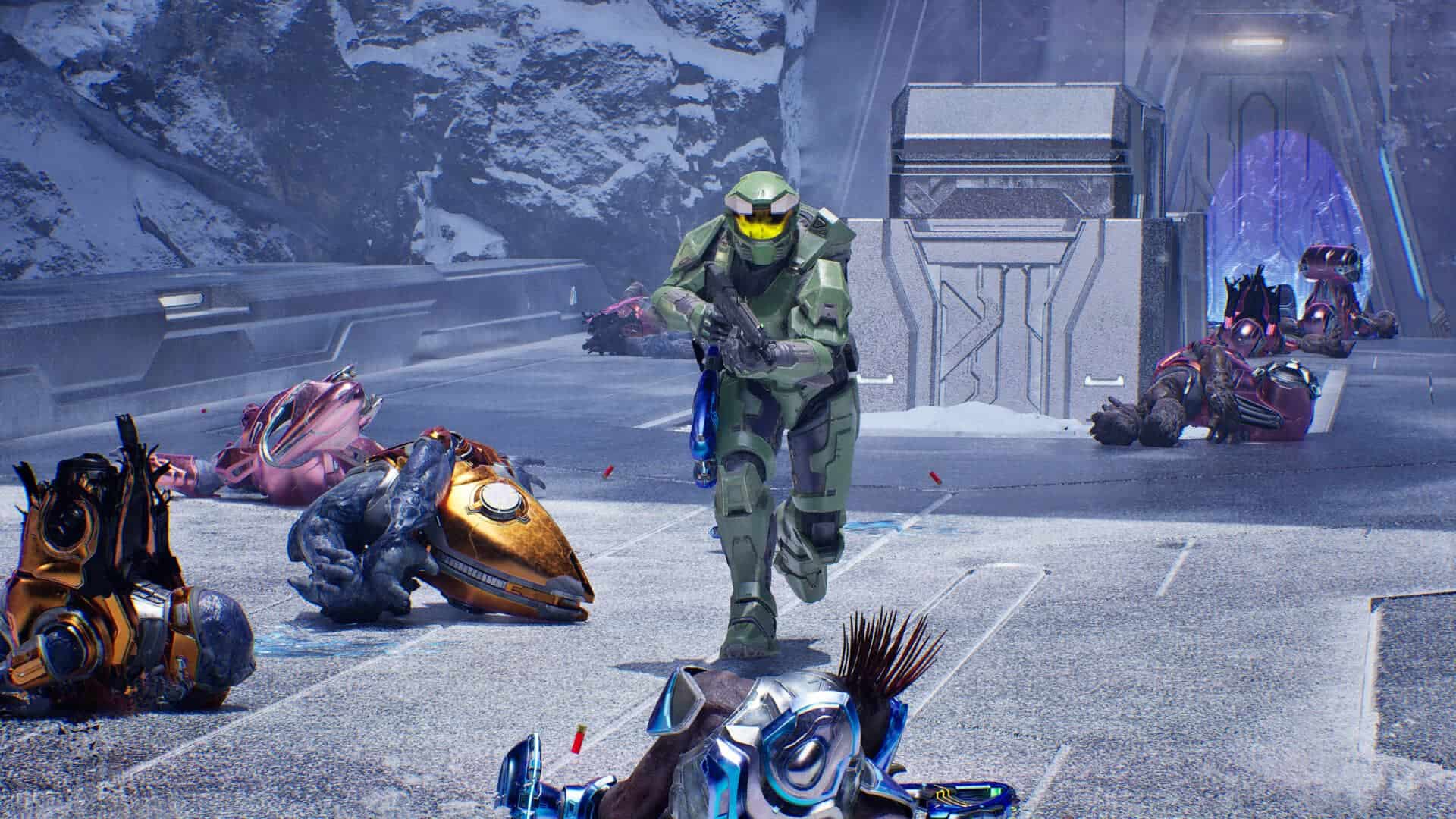 Master Chief among defeated enemies in Halo: Campaign Evolved