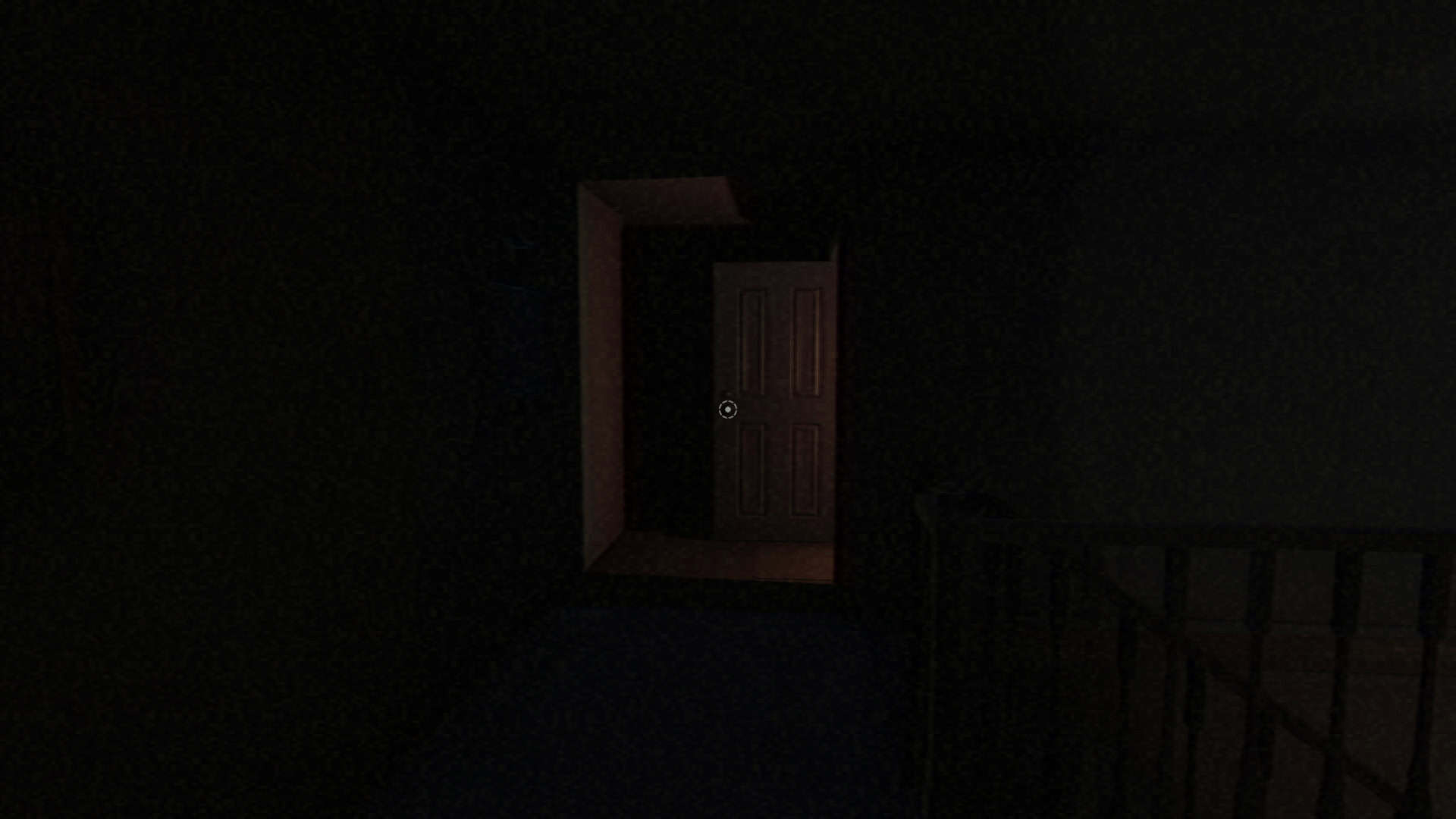 A dark hallway with one door standing open some distance from the viewer. A stairwell can be faintly seen in the dark in the midground. The only light in the scene pours out of the open door.