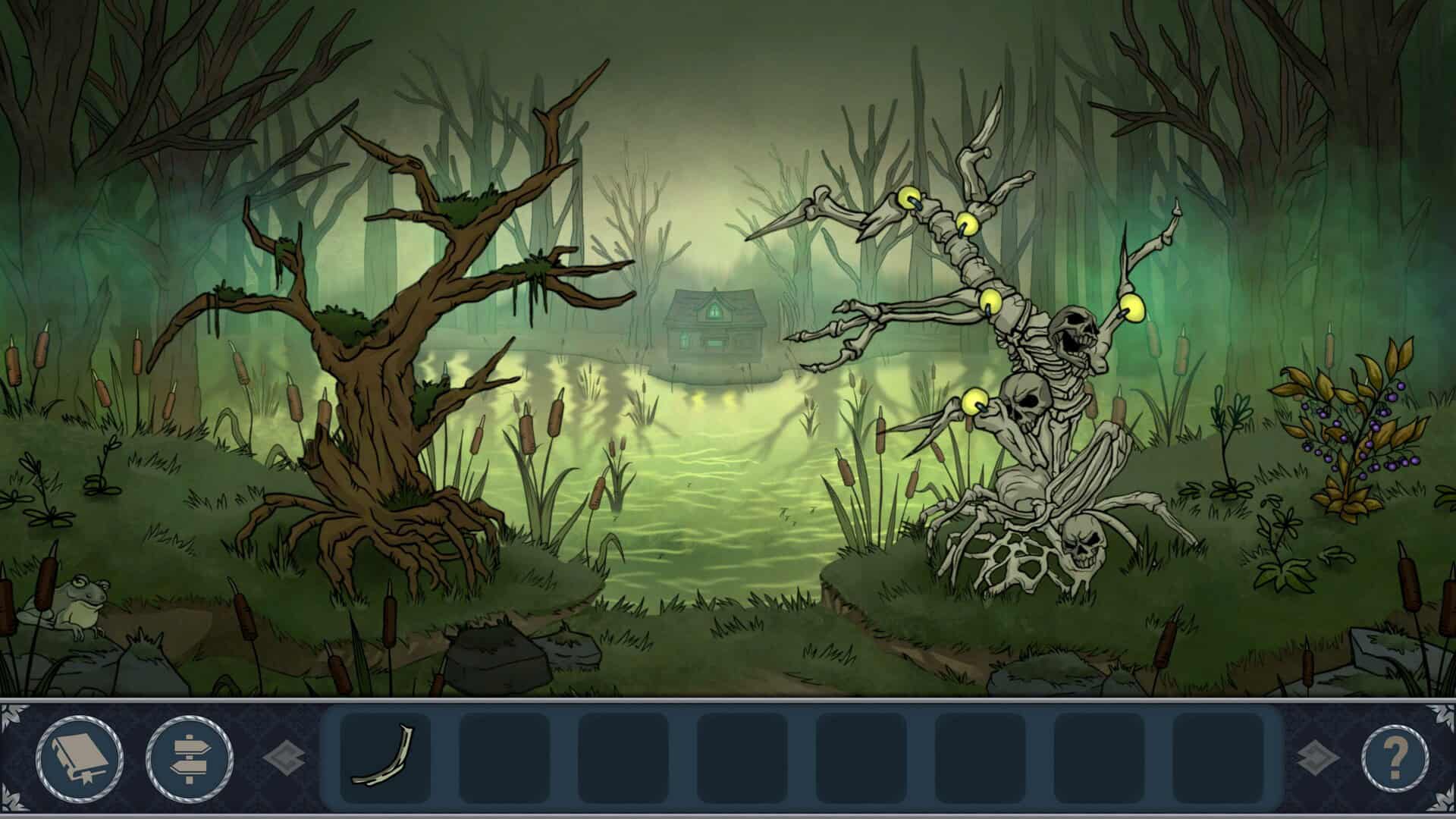 A foggy swamp with a small hut on the far side of the water. On the left side of the screen is a dead tree with twisting branches On the right side is a similar looking structure mirroring its position, but it is made of bones.