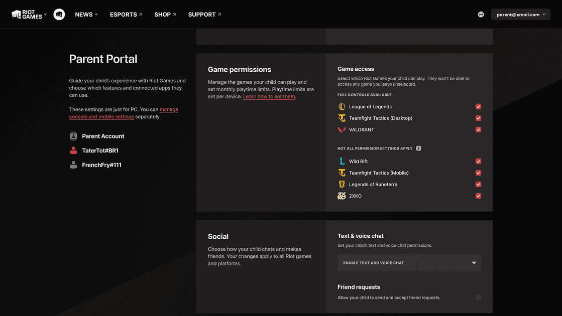 Riot Parent Portal Screenshot