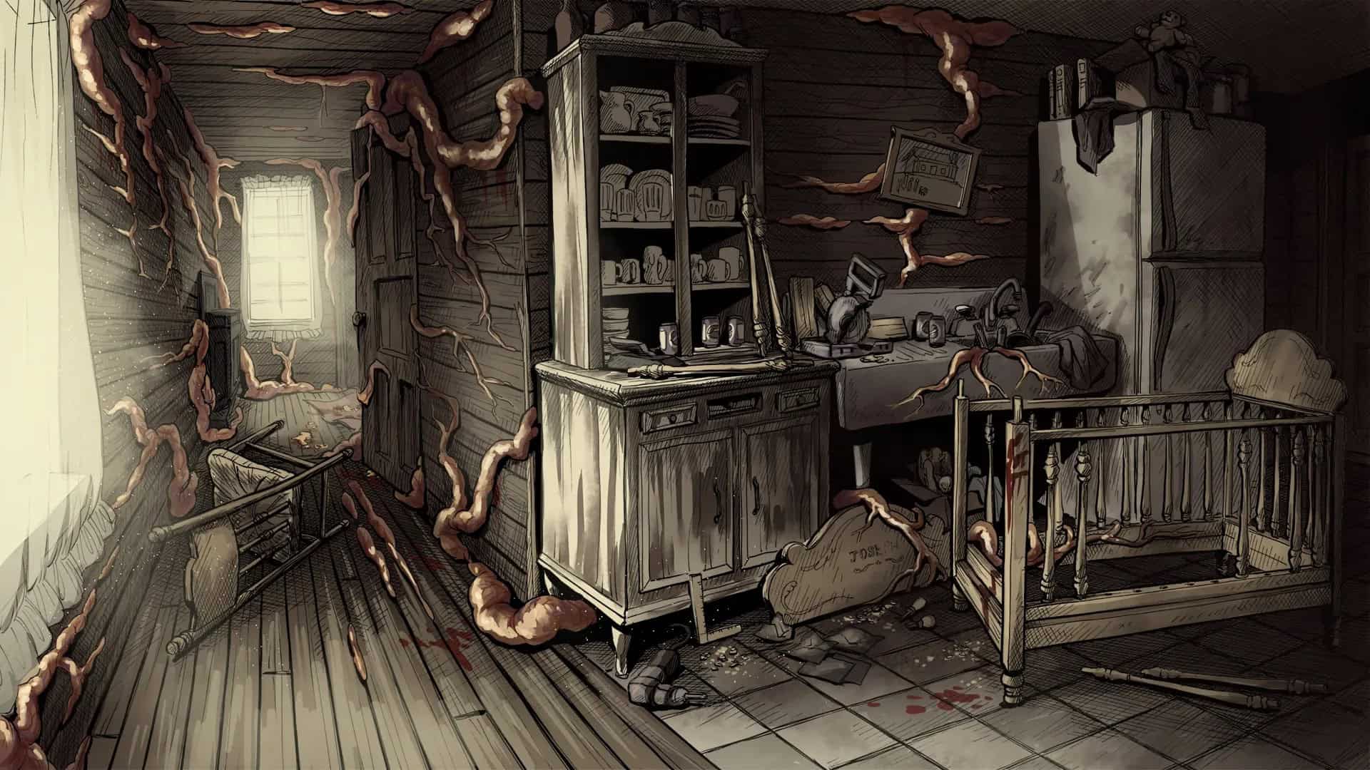 A destroyed location in Scarlet Hollow, with roots growing out of the walls