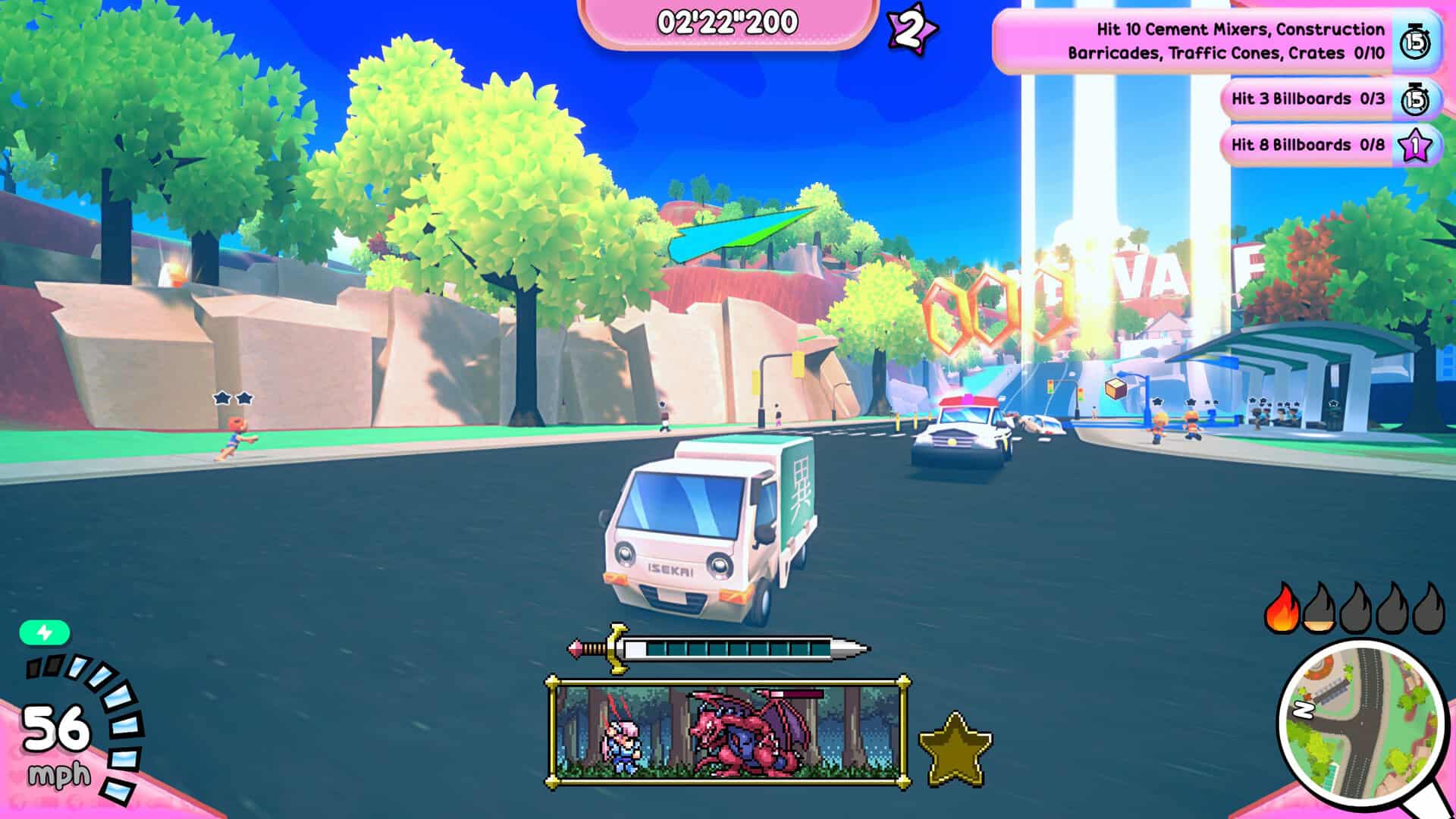 An anime truck in a brightly colored city.