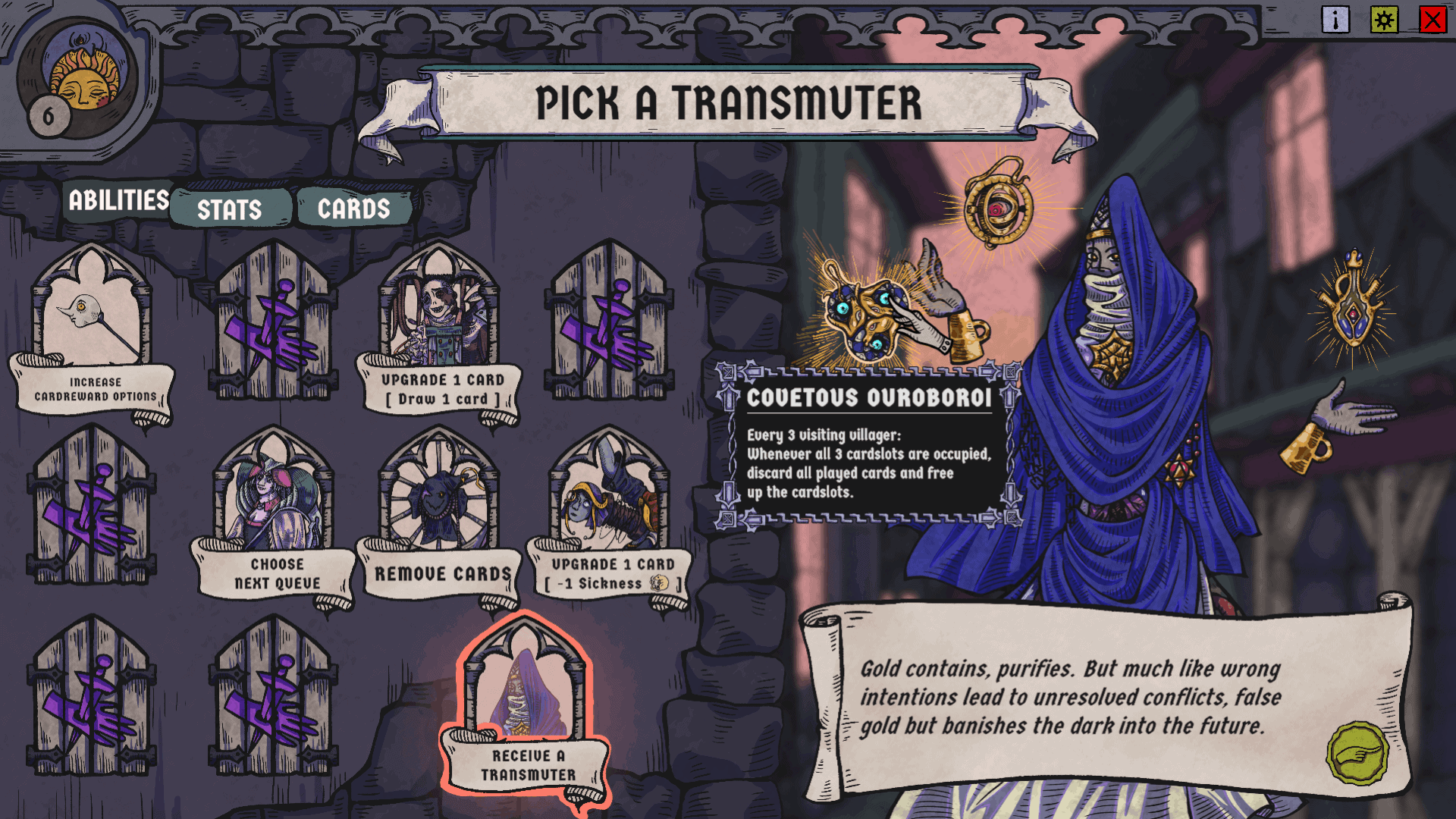 A screenshot of Bloodletter's evening gameplay, featuring the transmuter options available.