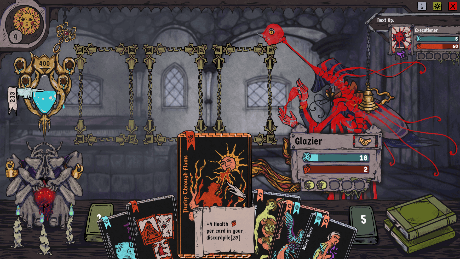 A screenshot of Bloodletter's daytime gameplay, wehere the Glazier villager is near-death as indicated by his glowing red skeleton overlay.
