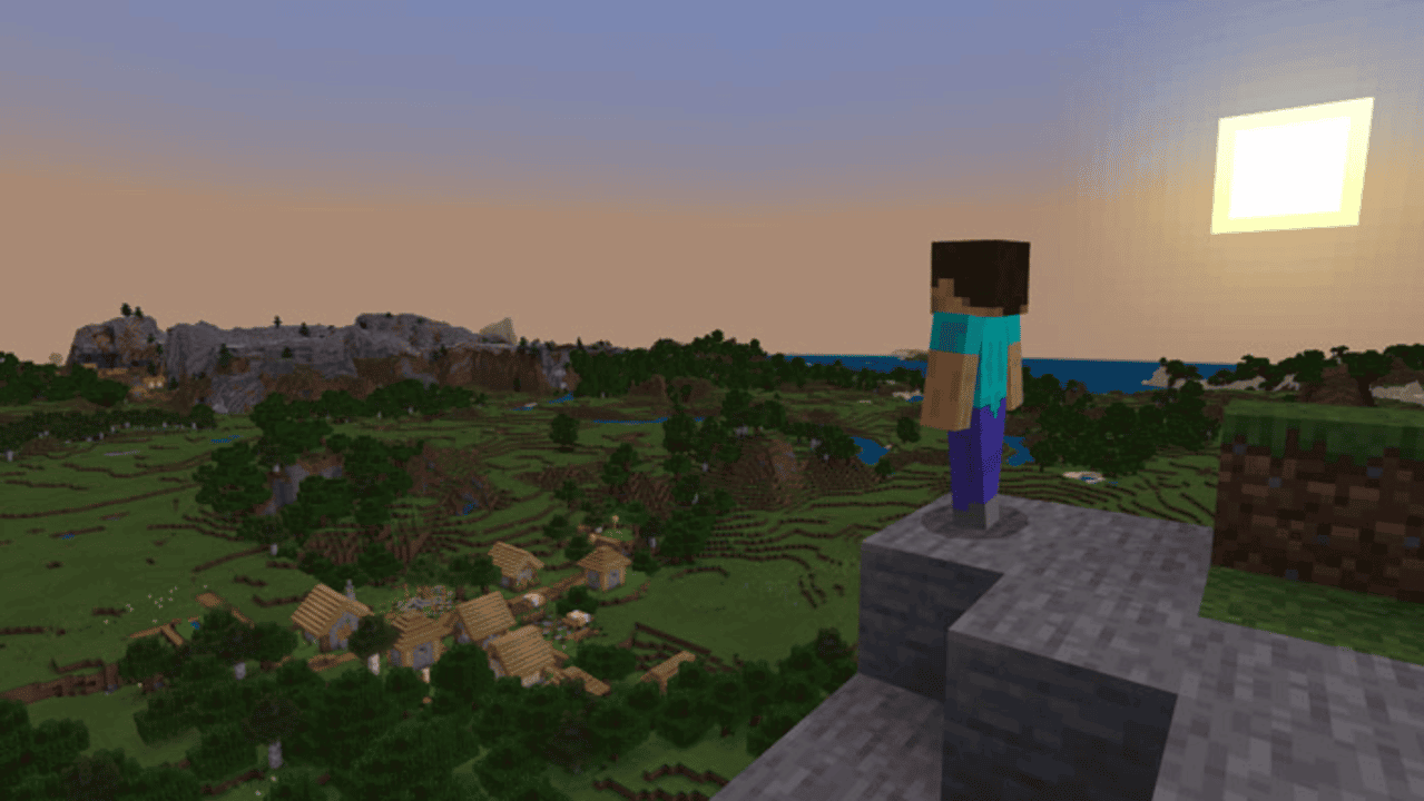 Minecraft steve stares out into the sunset
