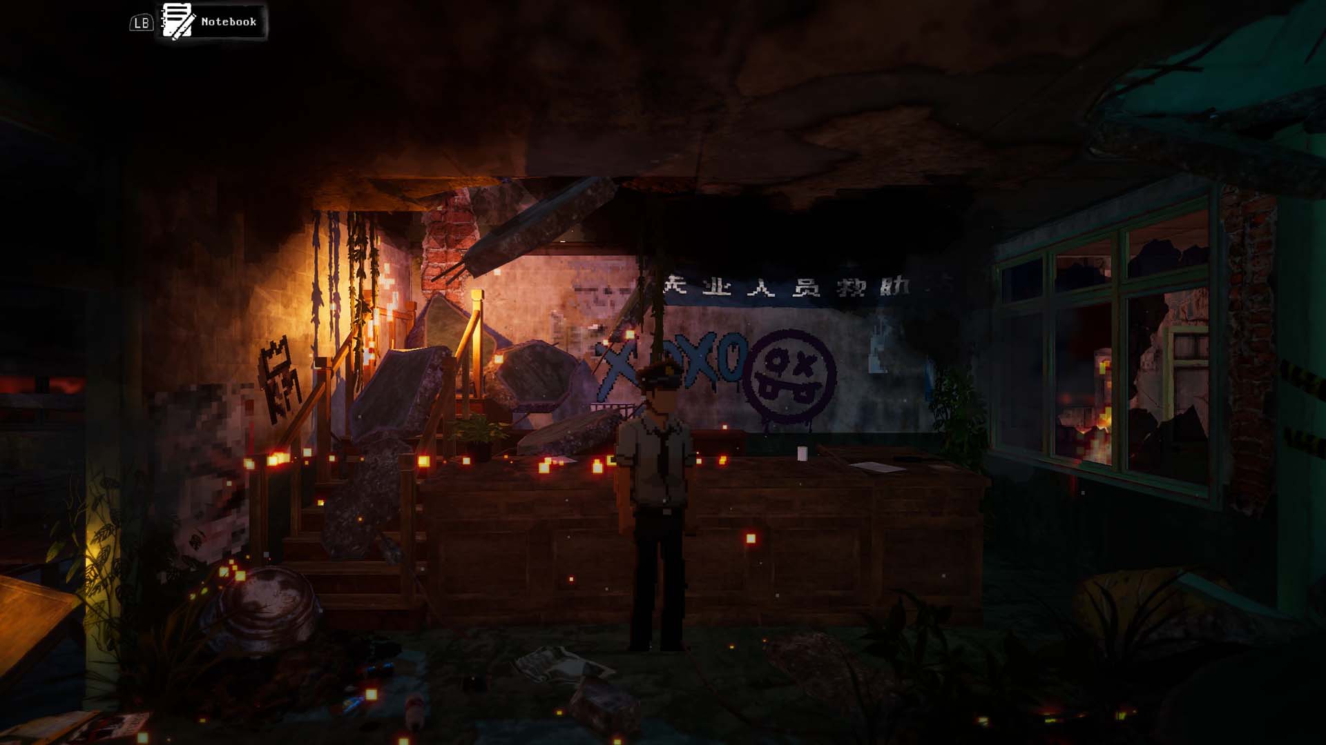 Standing in a ruined police office in Kill the Shadow.