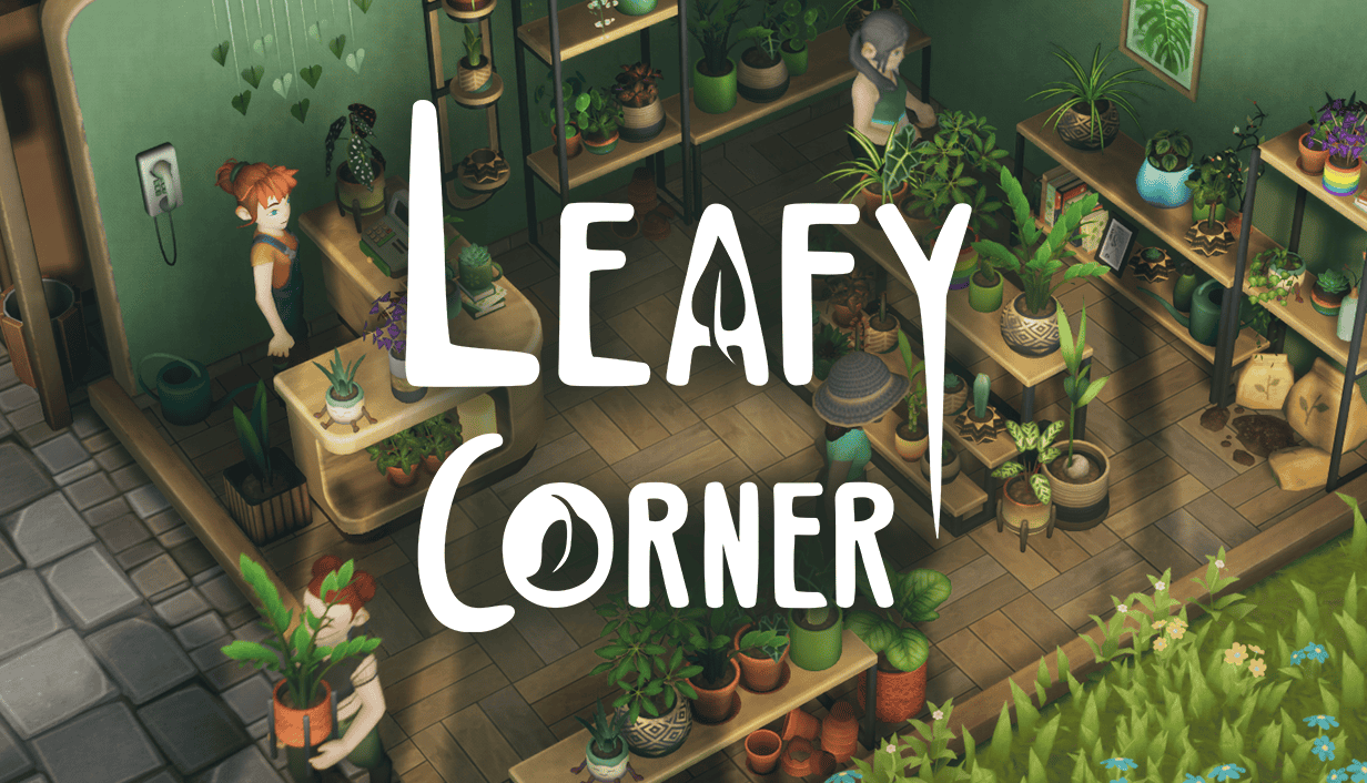 A cutaway view of a store on a street corner, filled with wooden shelves lined with potted plants. A girl with red hair in a ponytail wearing overalls stands behind the cash register in one corner. The title "Leafy Corner" is superimposed over the image.