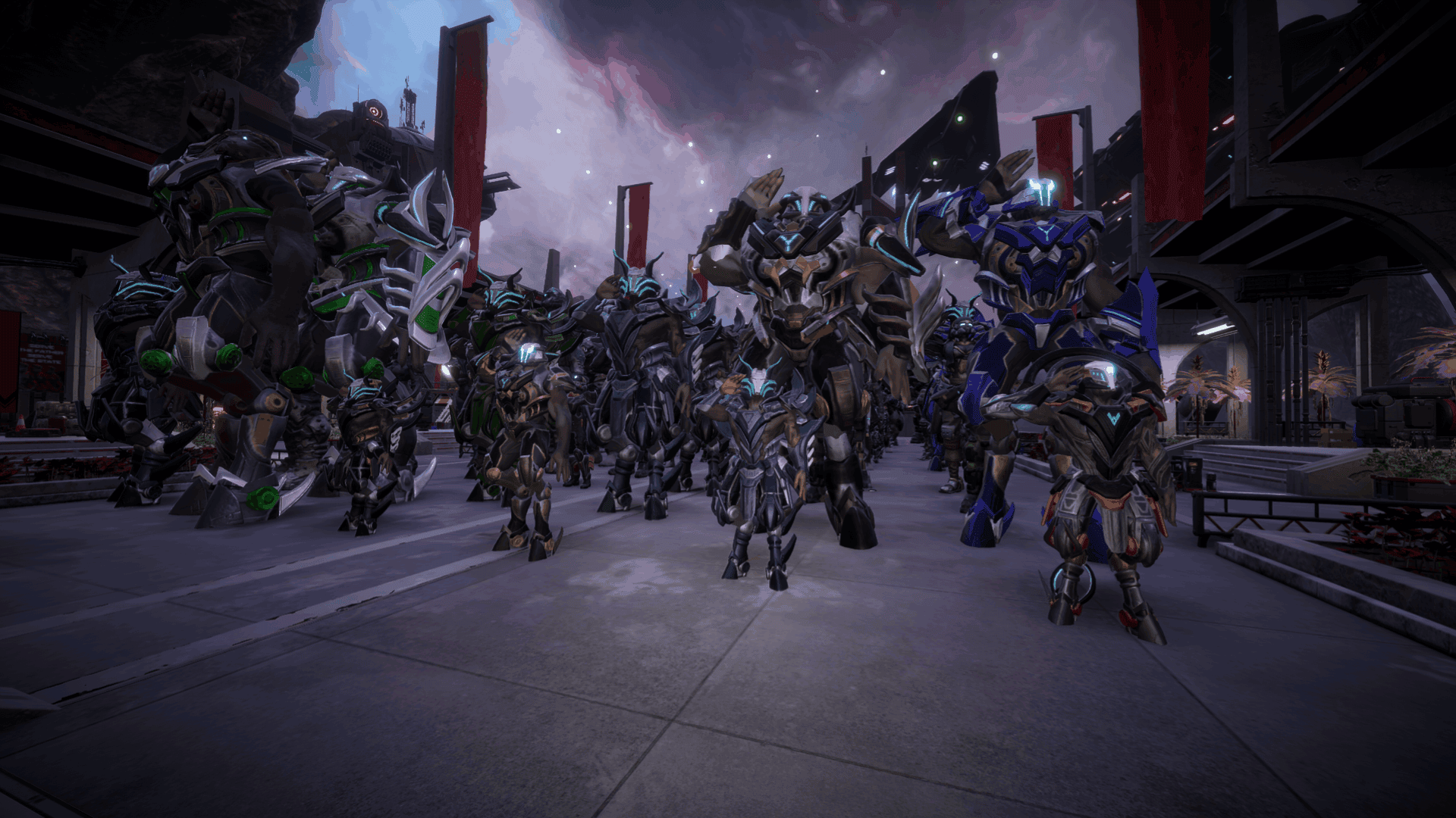 The player's soldiers attending a rally at the Victory Plaza in Pax Autocratica.
