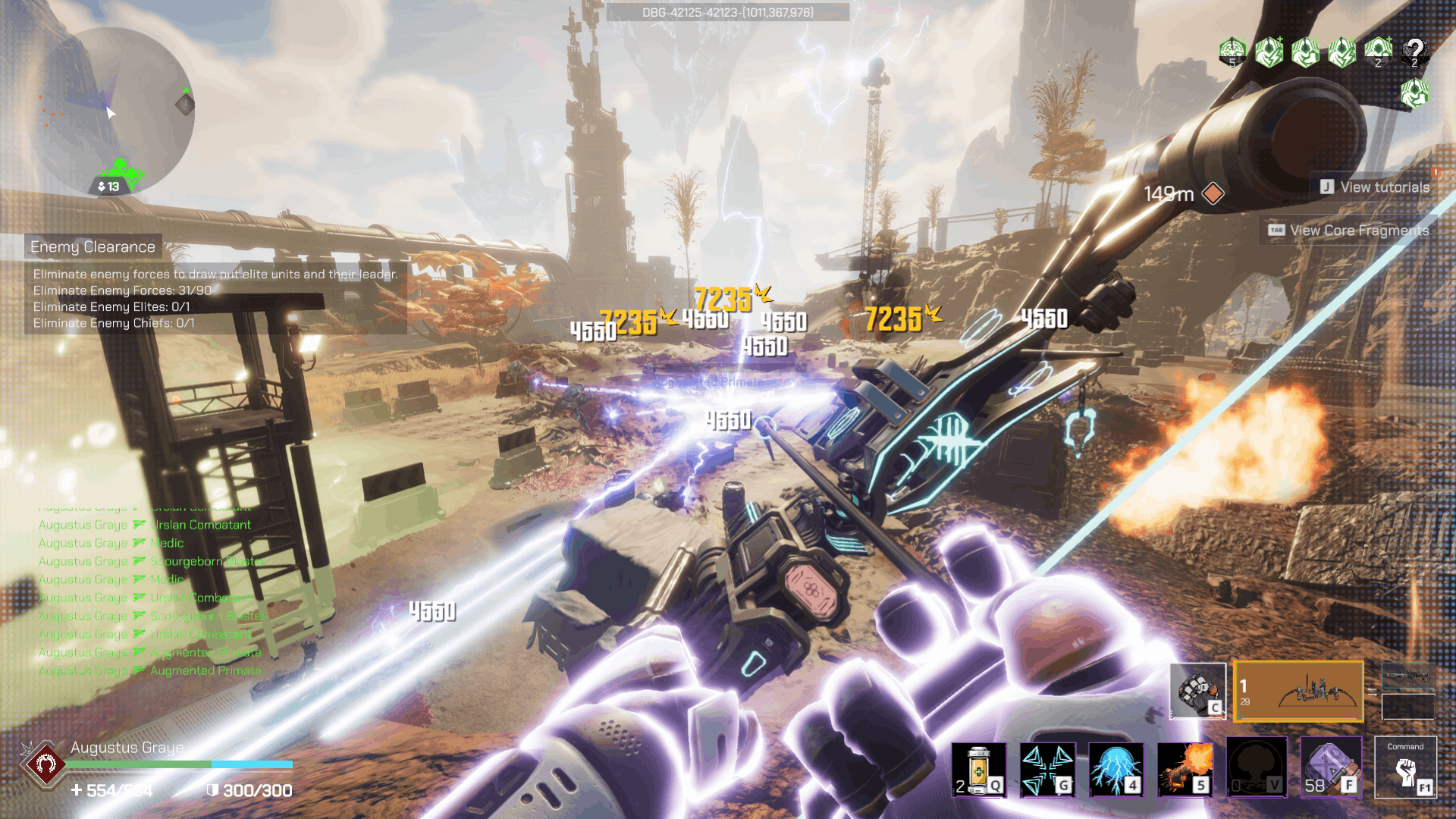 The player having unleashed a thunderbolt arrow in Pax Autocratica, chaining between a large group of enemies below.