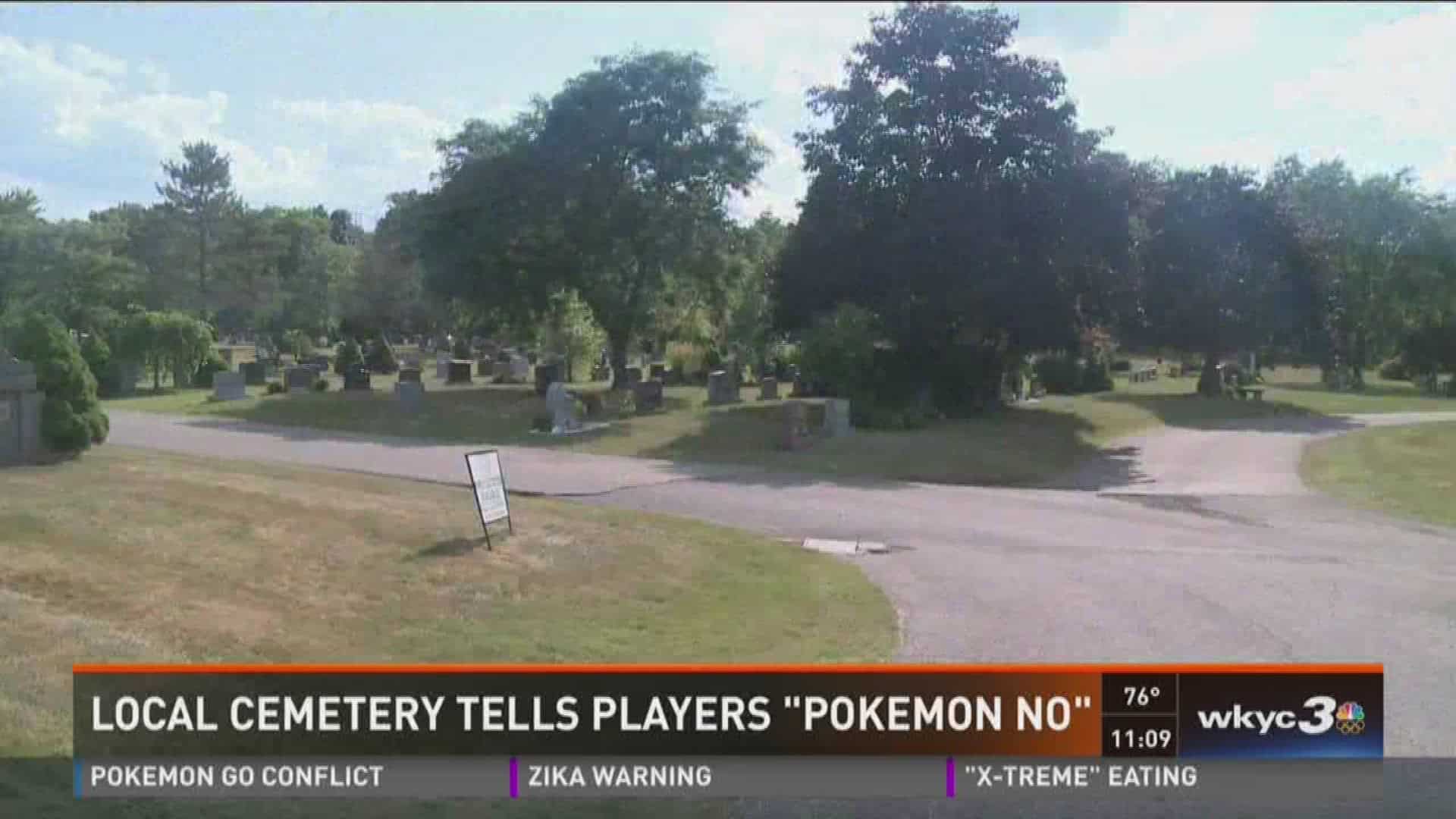 A news report with an image of a cemetary, text reads "Local cemetery tells players "Pokemon No"