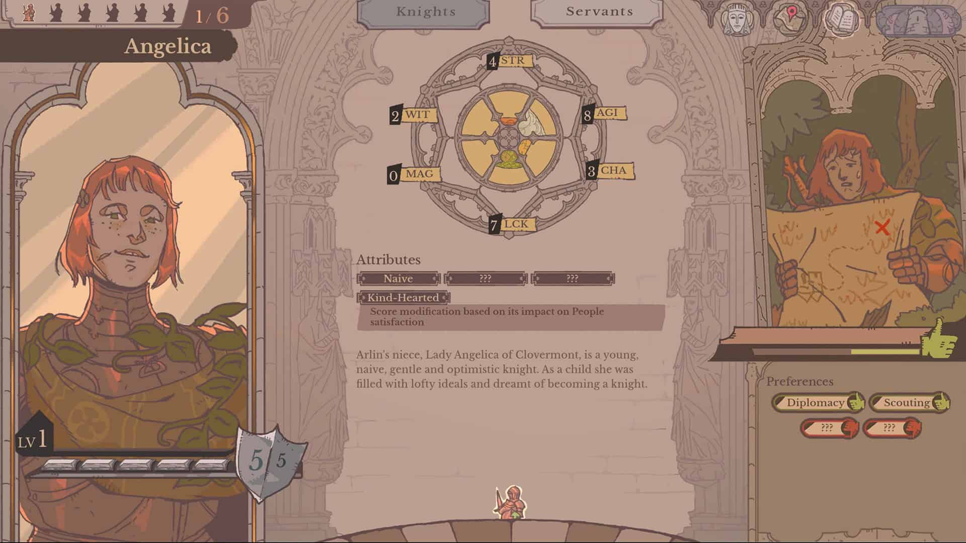 Sovereign Tower Screenshot showing the UI screen of the knight Angelica, showing her portrait, skills and passives.