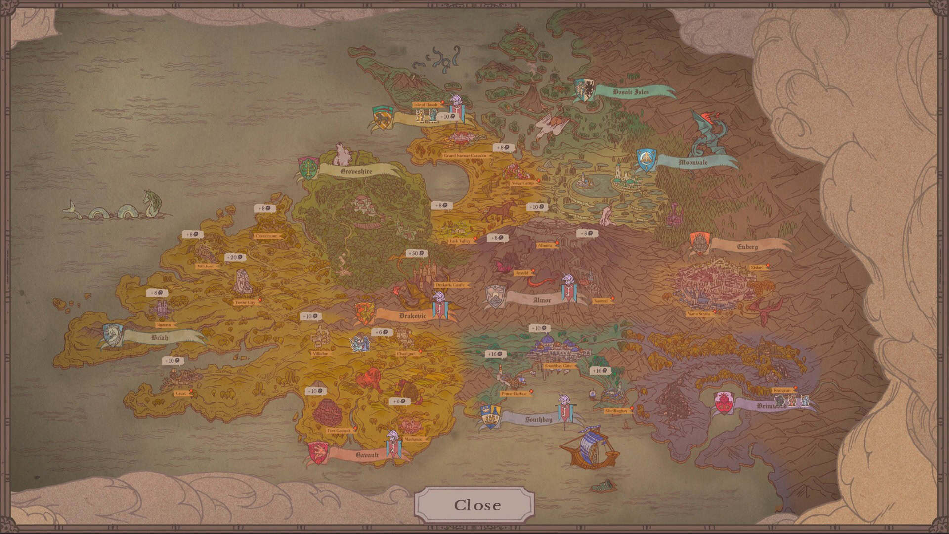 Sovereign Tower screenshot showing the game's world map in a colorful fantasy cartography style.