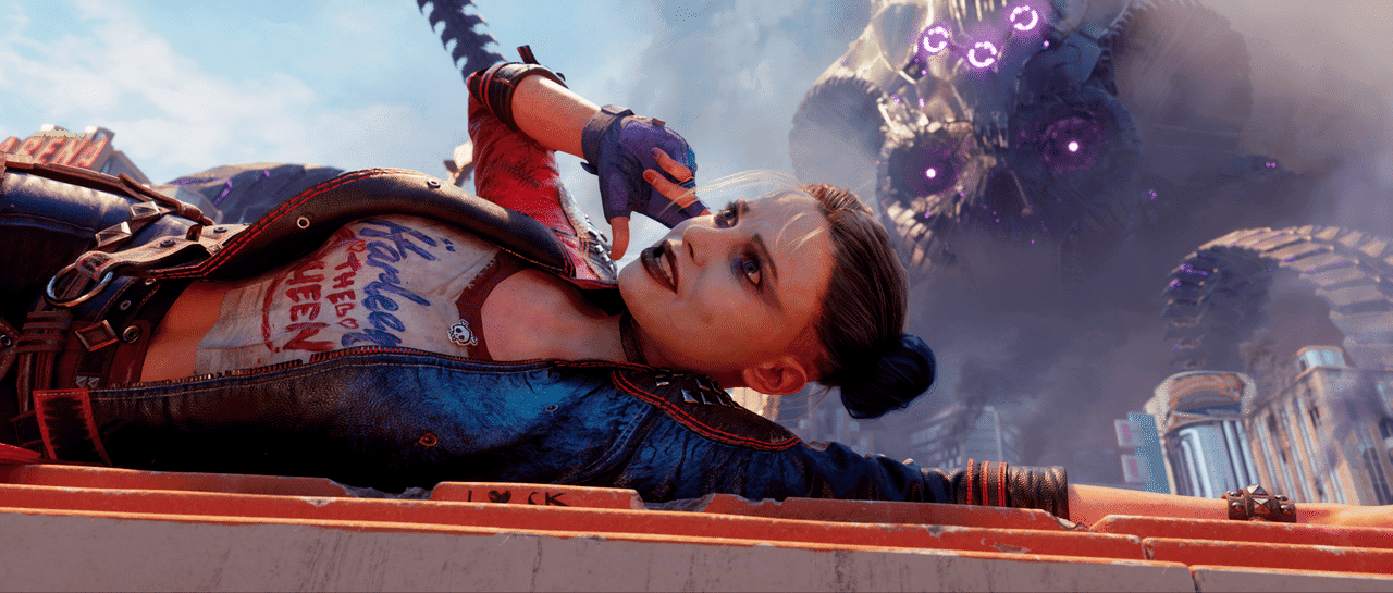 Harley Quinn lays down on her side while a menacing alien spaceship looms behind her