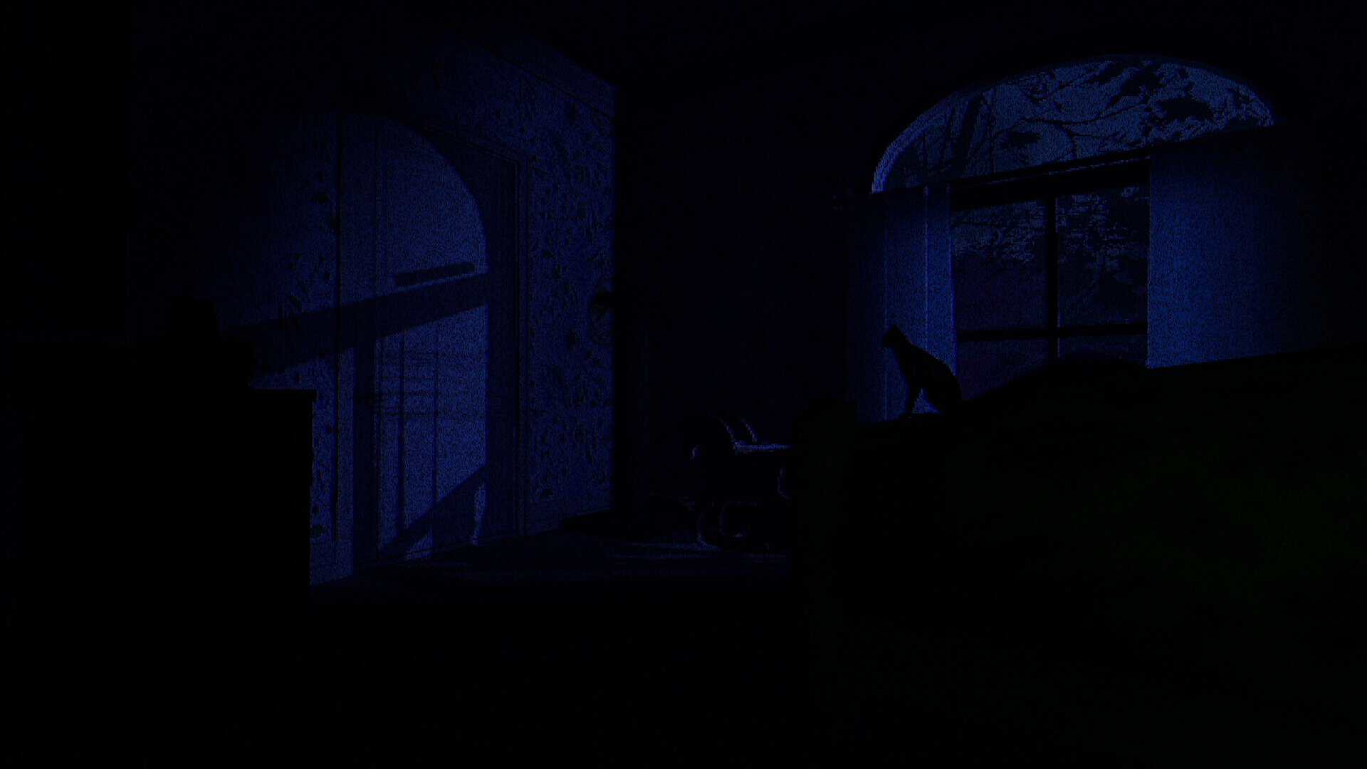 A screenshot of a cat staring at the door in T.W.I.R.L.