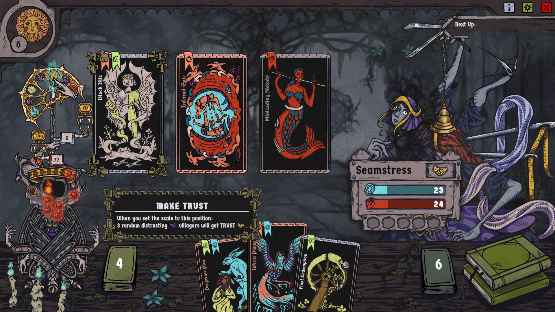 Bloodletter daytime gameplay, showing the seamstress and player's hand.