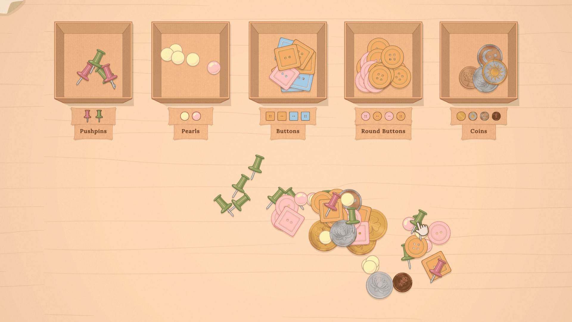 screenshot of the sorting bureau, sorting pushpins, pearls, buttons, round buttons and coins into boxes
