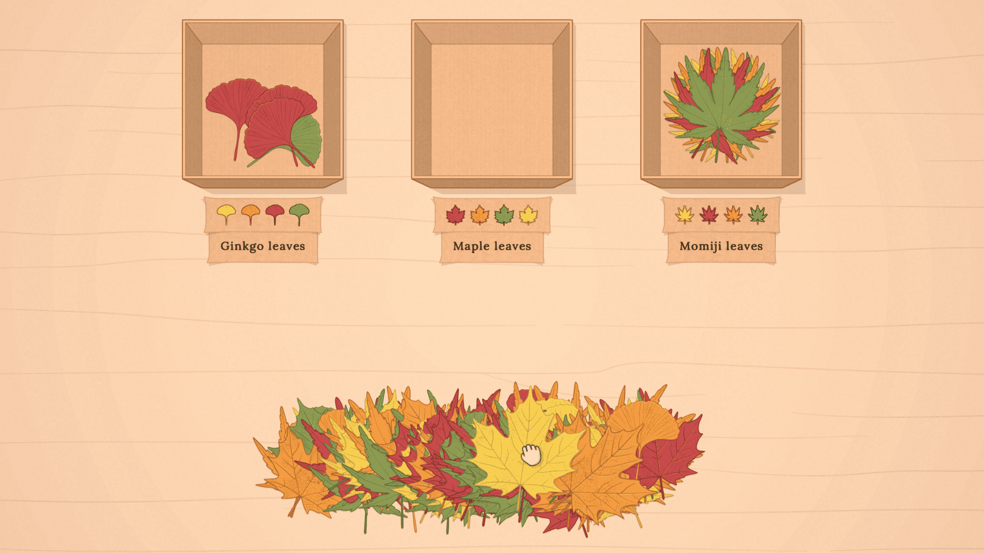 screenshot of the sorting bureau, sorting ginkgo, maple and momiji leaves into boxes