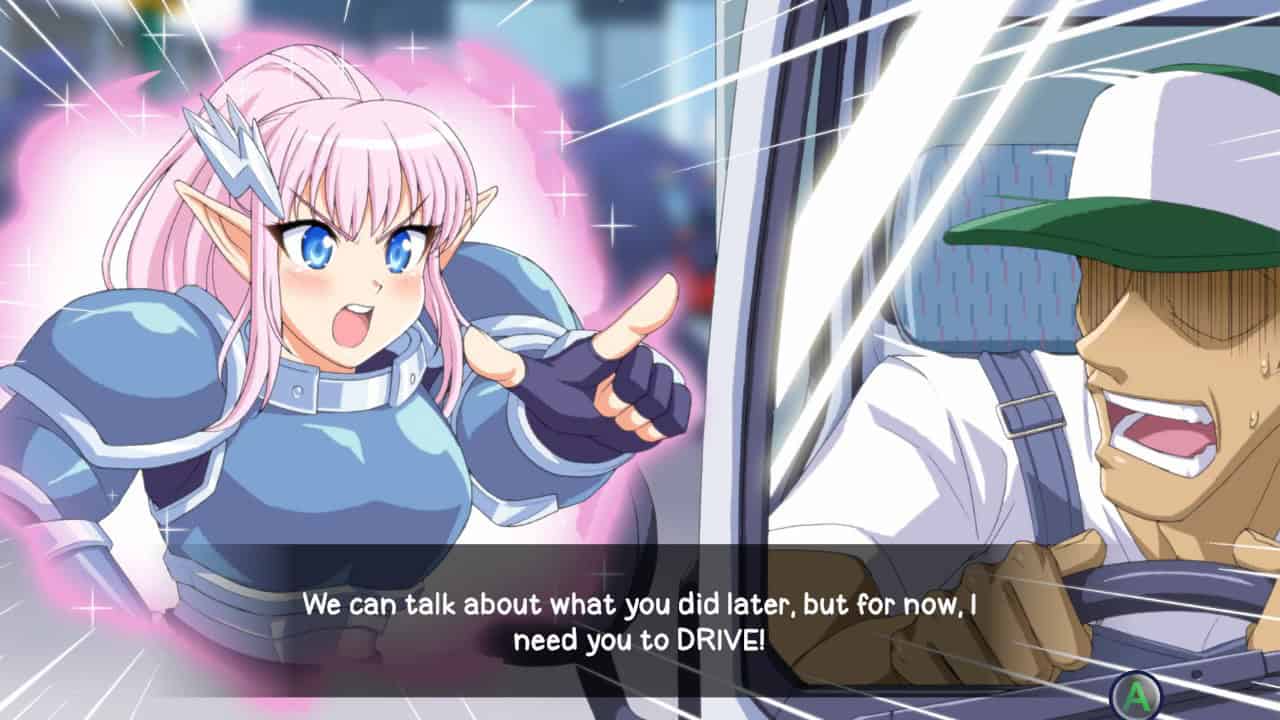 A woman in armor surrounded by a pink outer glow yells at a truck driver "We can talk about what you did later, but for now, I need you to DRIVE!"