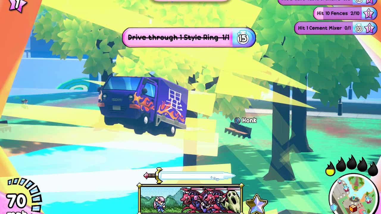 A purple truck boosts off a ramp