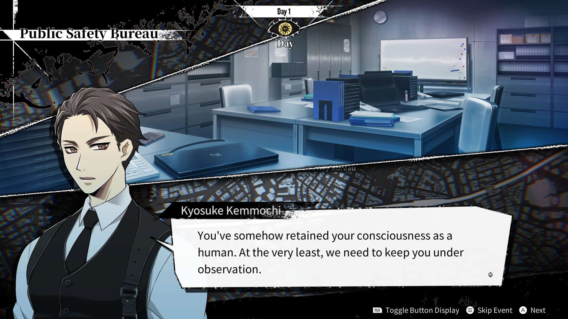 Kyosuke Kemmochi, with a character portrait, talking about Soma's condition
