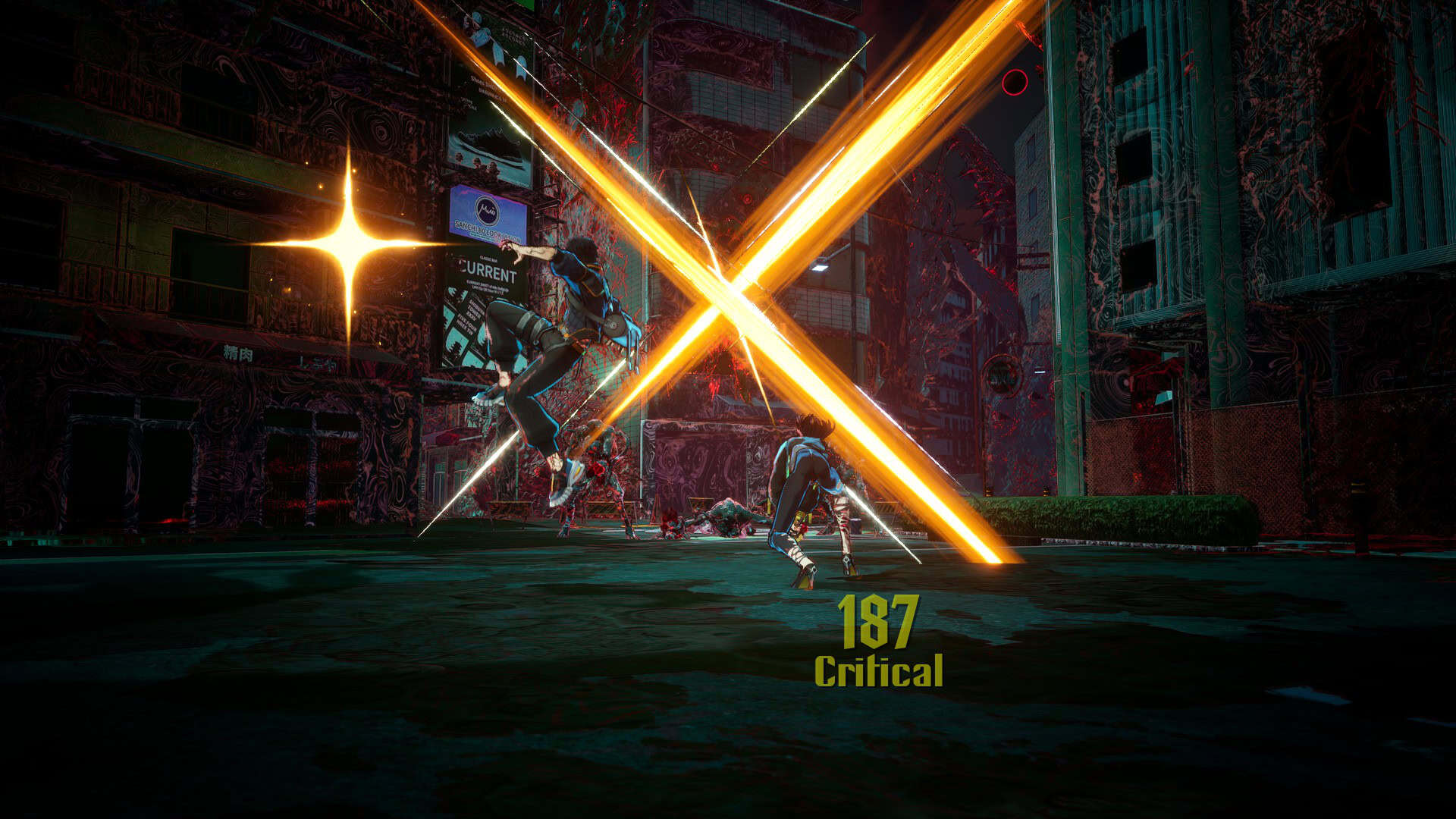 The two protagonists hit an enemy together, creating an X pattern in the air