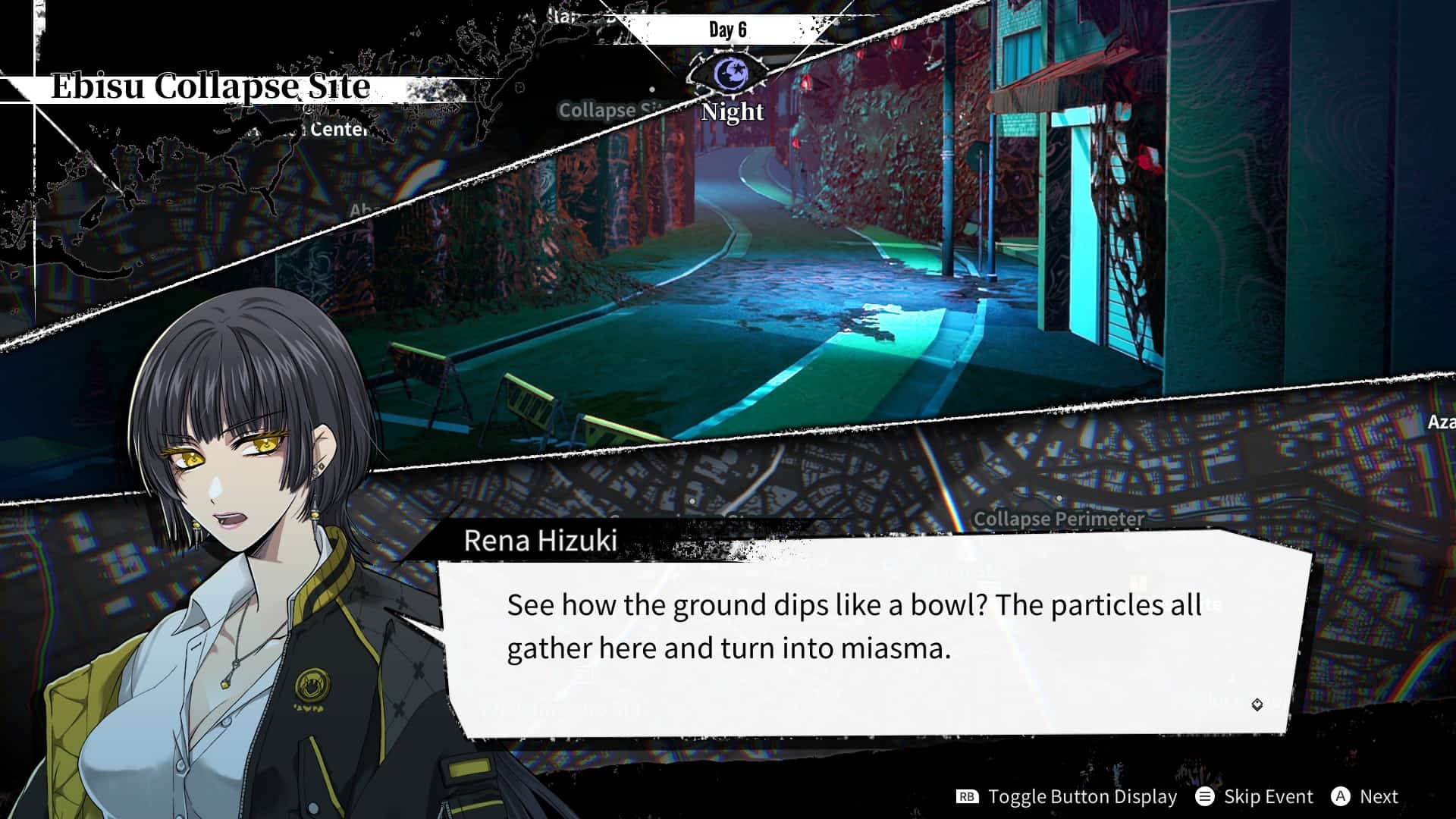 Rena says: See how the ground dips like a bowl? The particles all gather here and turn into miasma."