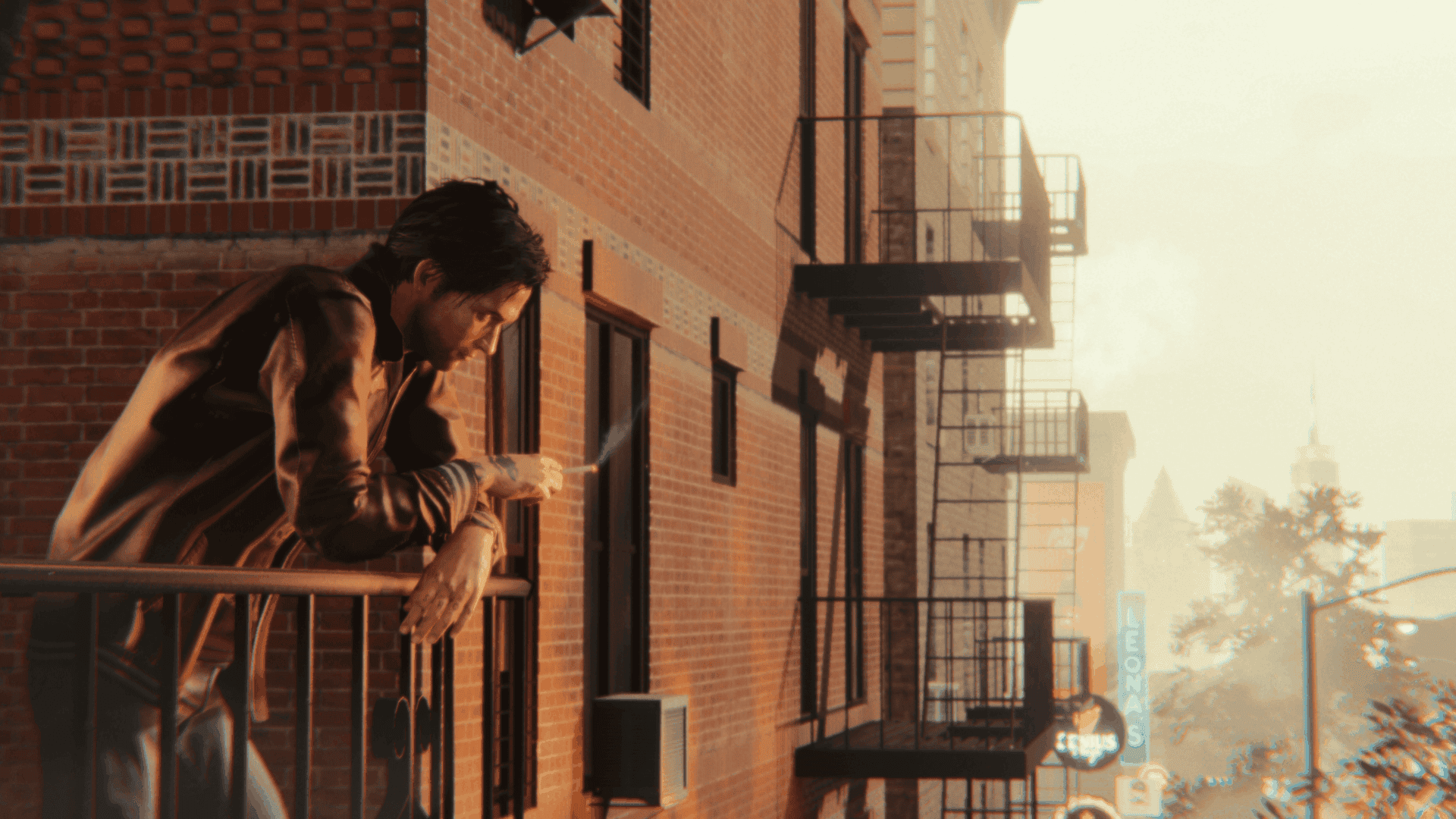 BLACKWOOD screenshot of Anton smoking on the fire escape outside his bedroom window.