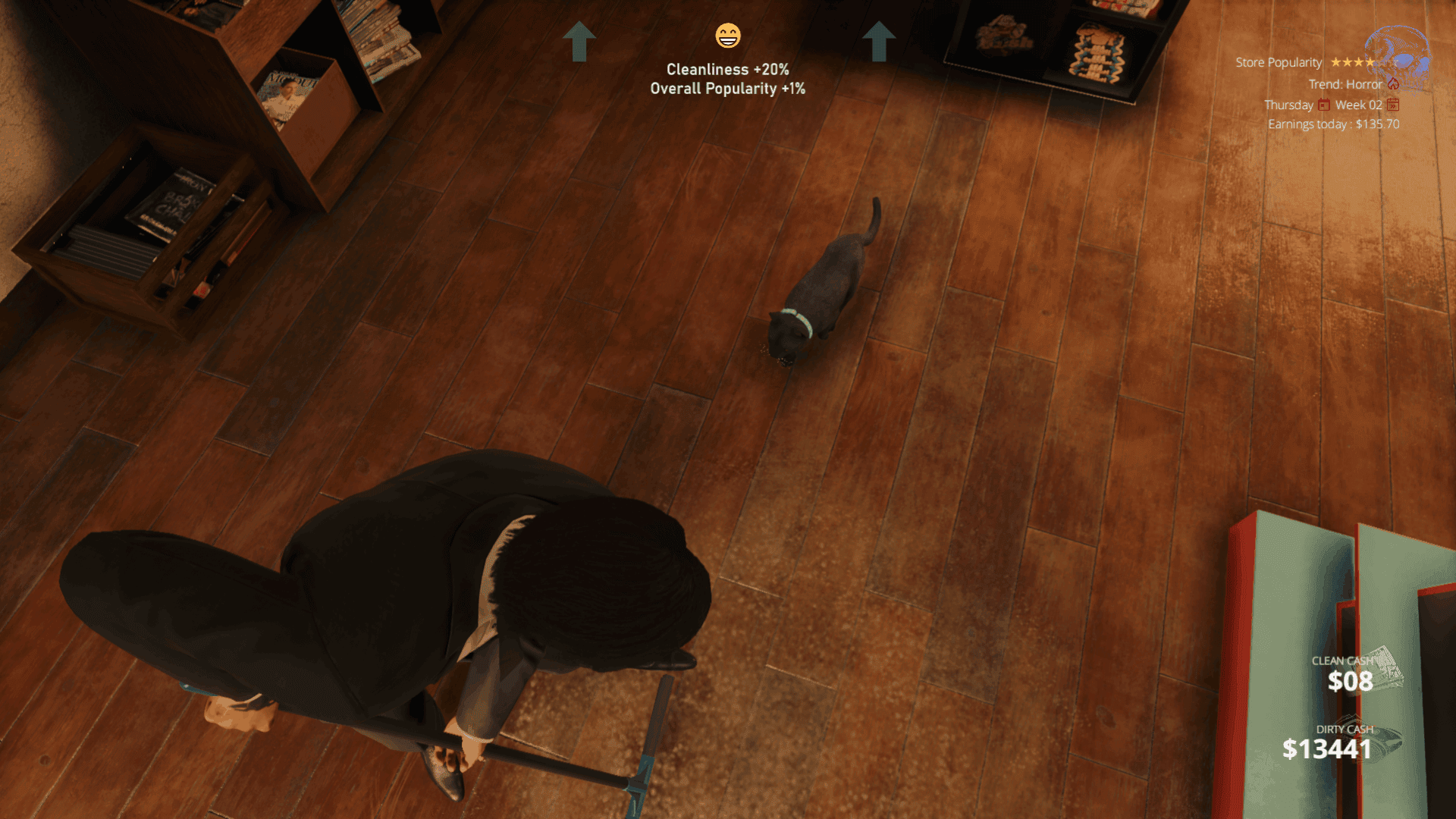 BLACKWOOD screenshot of Anton cleaning the floor while the store cat supervises.