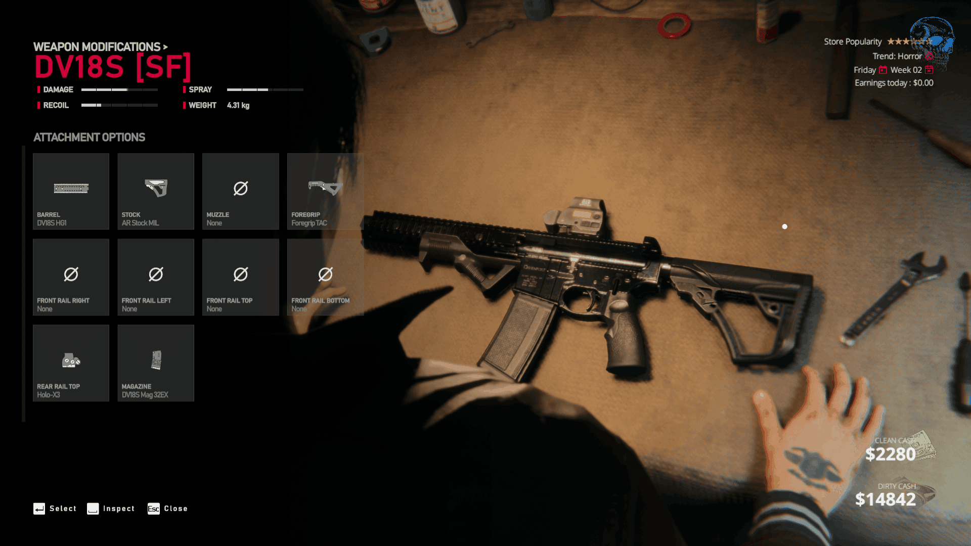 BLACKWOOD screenshot of the weapon modifications screen, where Anton is modifying the DV18S rifle.