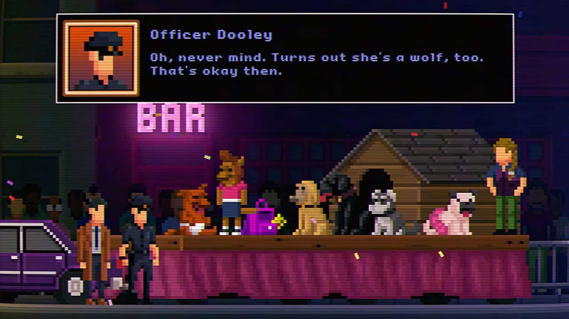 Officer Dooley proclaiming that since the girl on stage got turned into a werewolf, the wolf biting her is actually okay