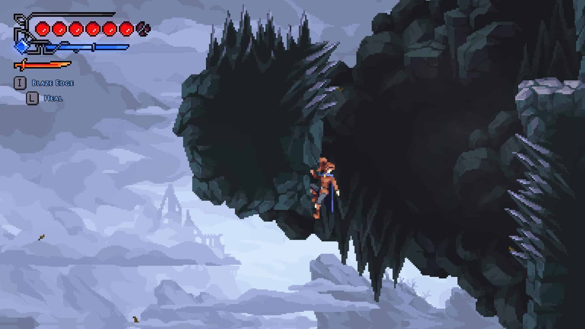 Fjor clinging to a cliffside, about to jump between spike-free sections of wall.