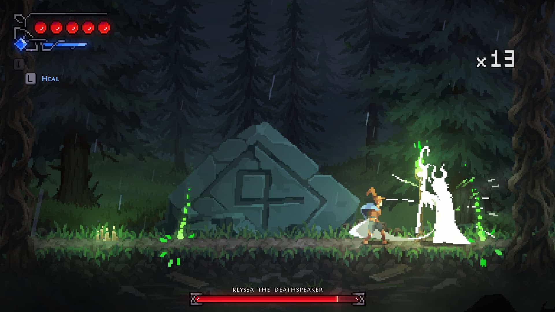 Fjor fighting the first boss of the game, a necromancer.