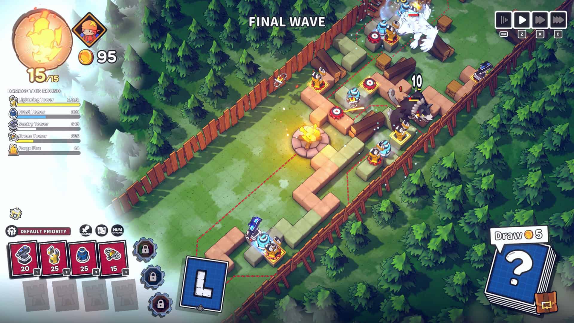 Emberward Screenshot showing a wave of large wolf enemies in a green landscape.