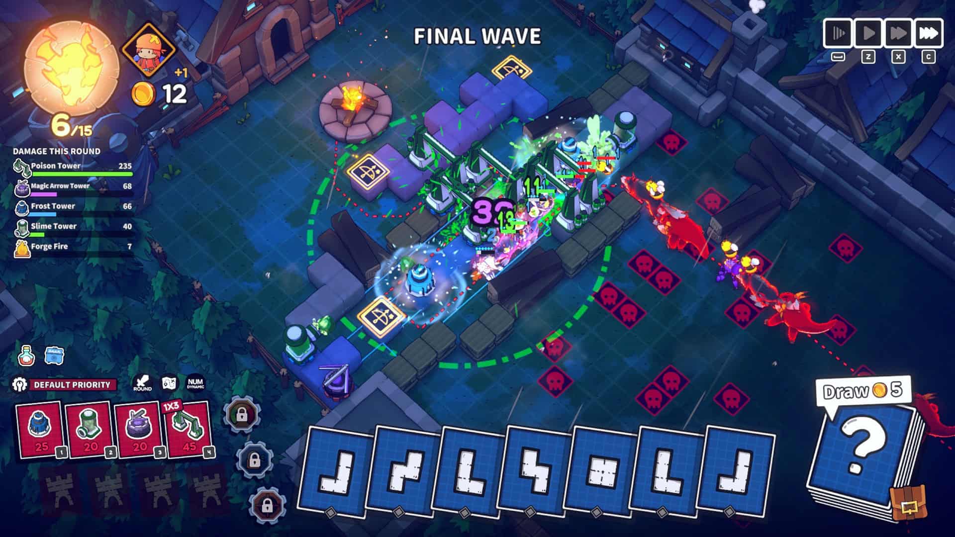 Emberward screenshot showing the base layout in a dark corrupted environment