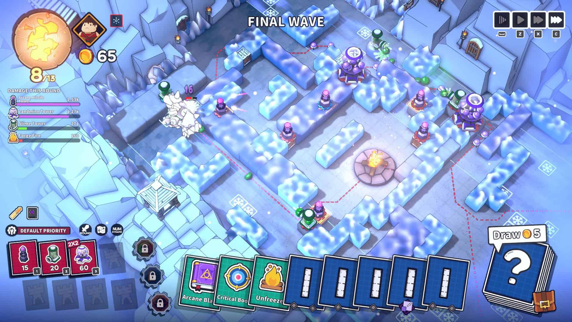 Emberward screenshot showing the base layout in a frozen environment.