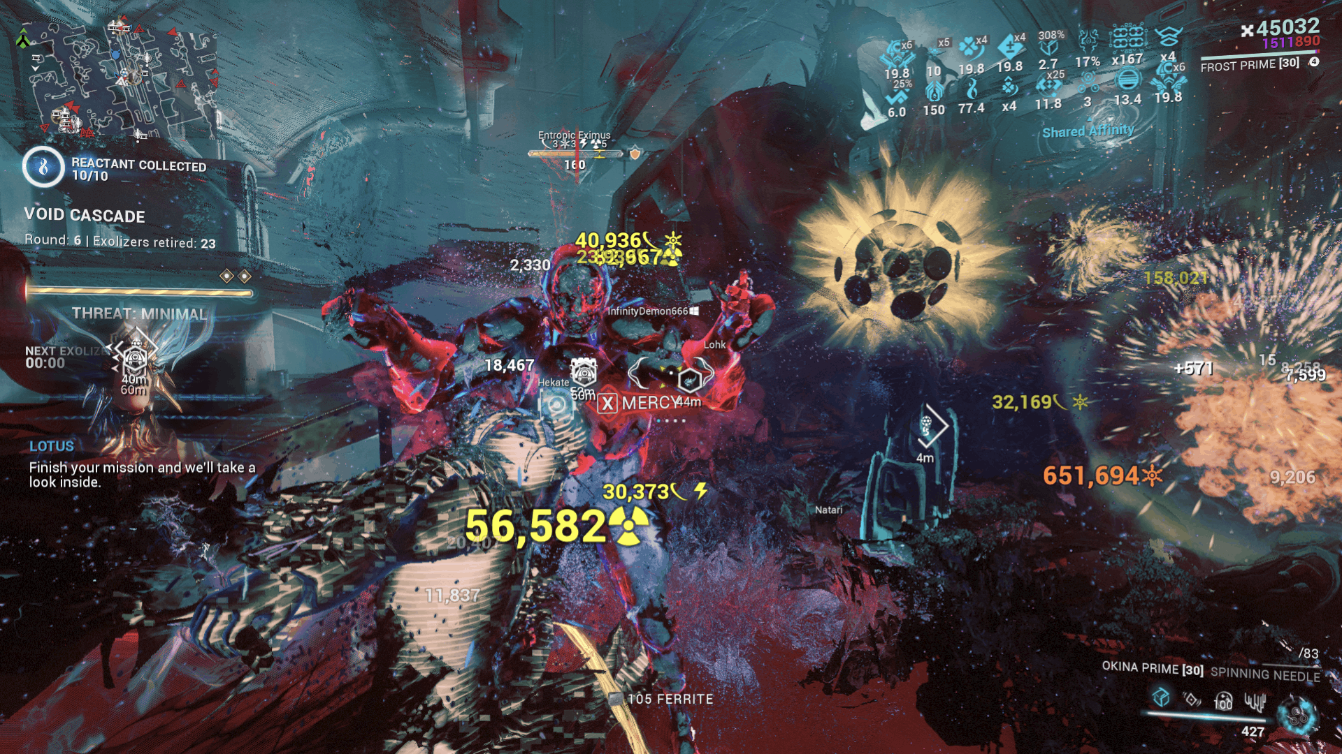 A screenshot of Frost during a Void Cascade mission in Warframe, about to deliver the finishing blow to an Entropic Eximus.