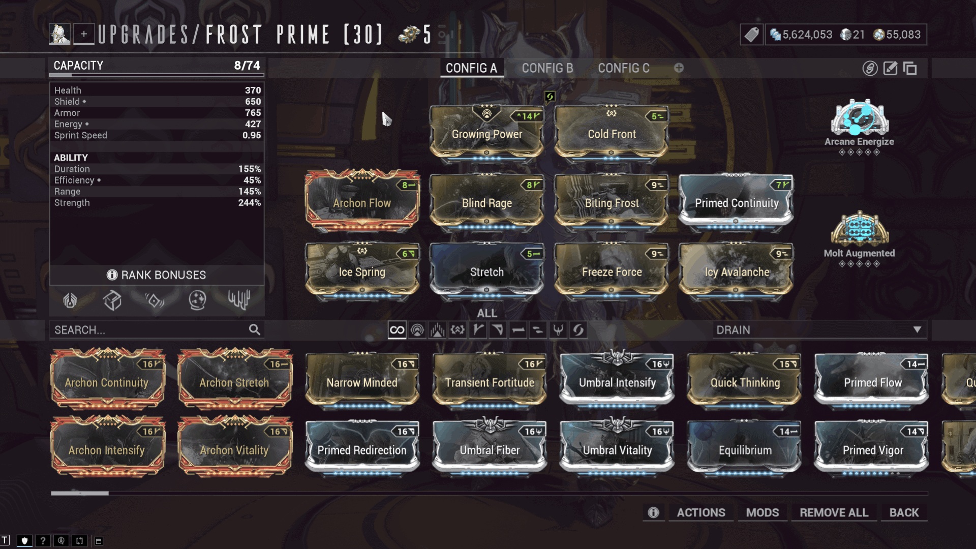A screenshot of Frost's mod screen from Warframe. It shows the Growing Power aura and Cold Front exilus mods. From top left to bottom right, Standard mods include: Archon Flow, Blind Rage, Biting Frost, Primed Continuity, Ice spring, Stretch, Freeze Force, and Icy Avalanche.
