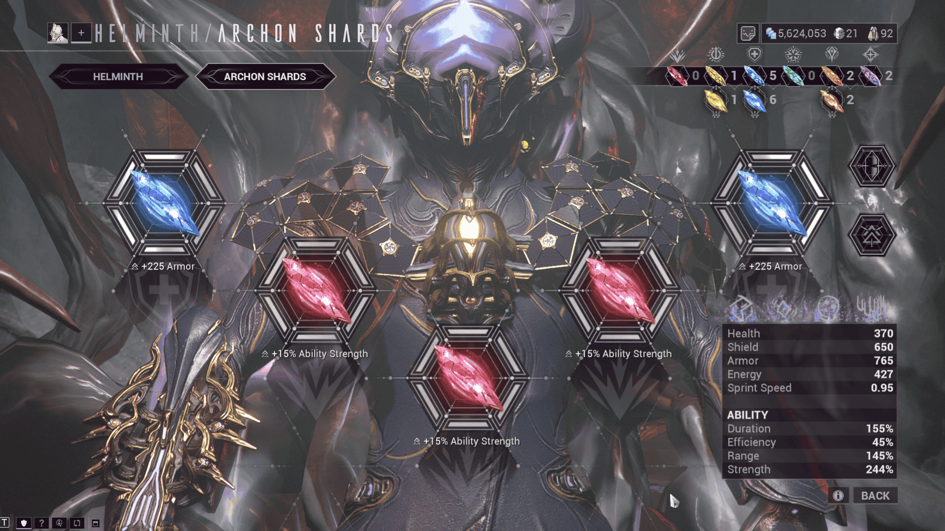 A screenshot of Frost's archon shard screeen from Warframe, showing two tauforged azure shards for +225 armor each, and three tauforged crimson shards for +15% ability strength each.