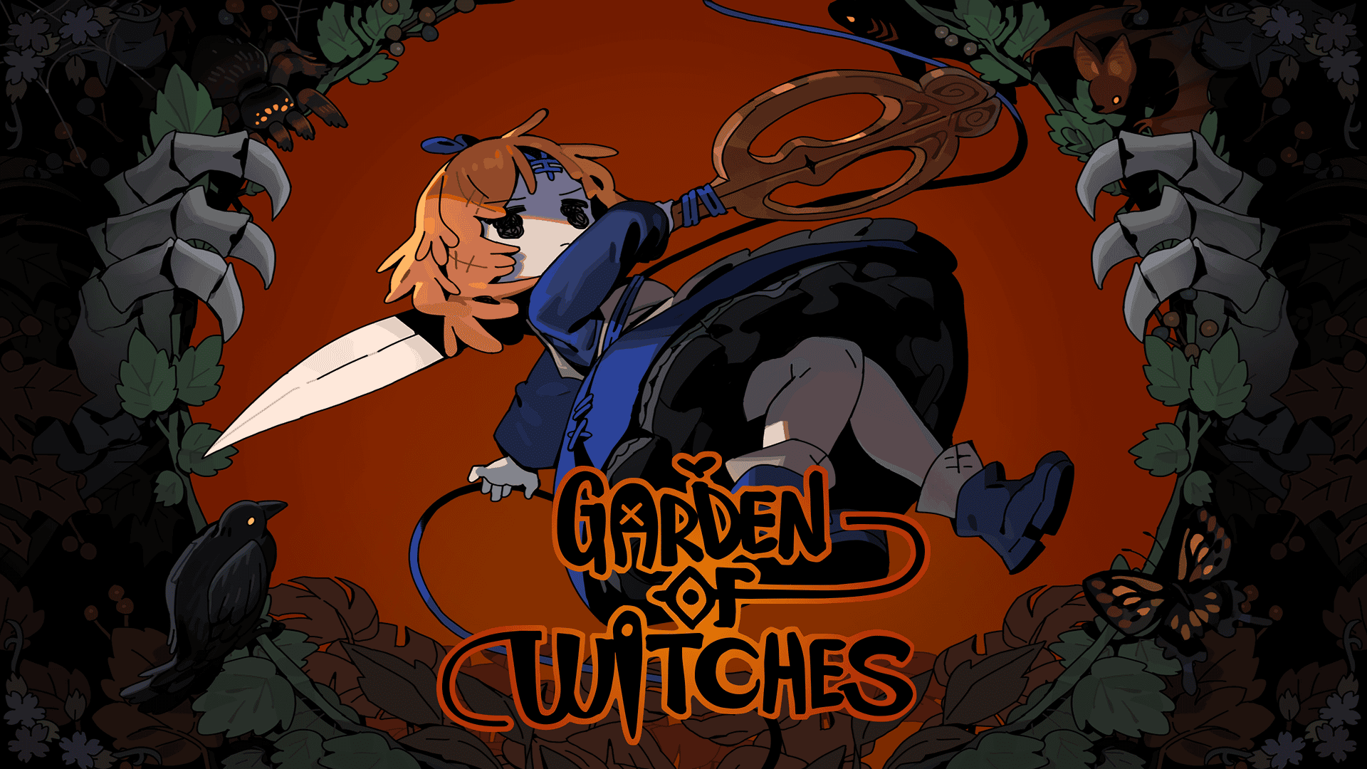 Garden of Witches key art showing the protagonist Sil swinging a giant pair of scissors as a weapon.