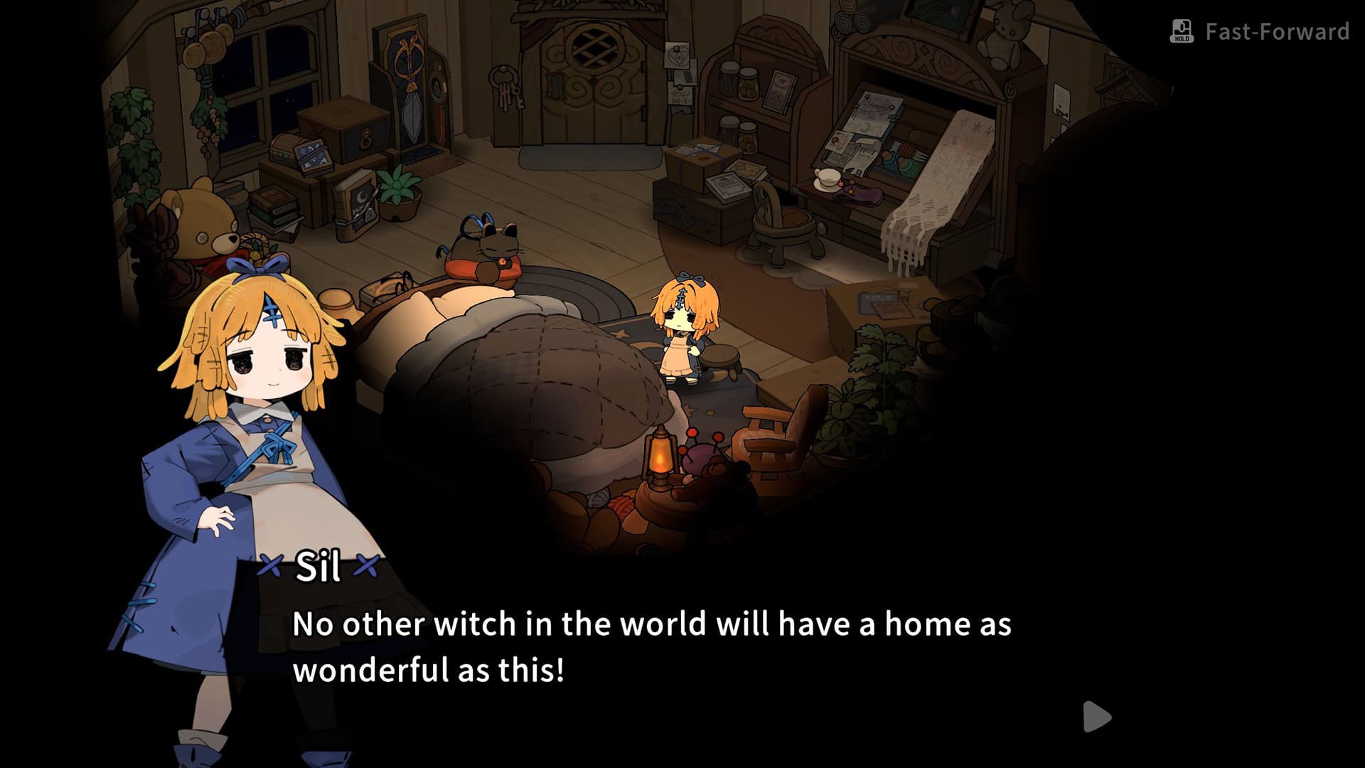 Garden of Witches screenshot showing the protagonist, Sil, in her small hut with her black cat.