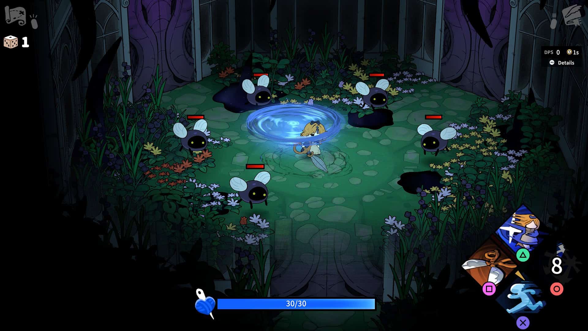 Garden of Witches screenshot showing Sil fighting giant flies in a garden environment.