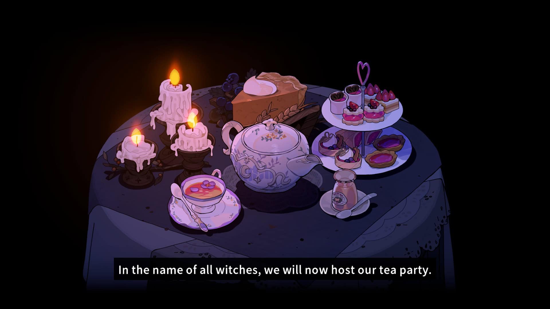 Garden of Witches screenshot showing the tea party table with a colorful tea pot and small cookies.
